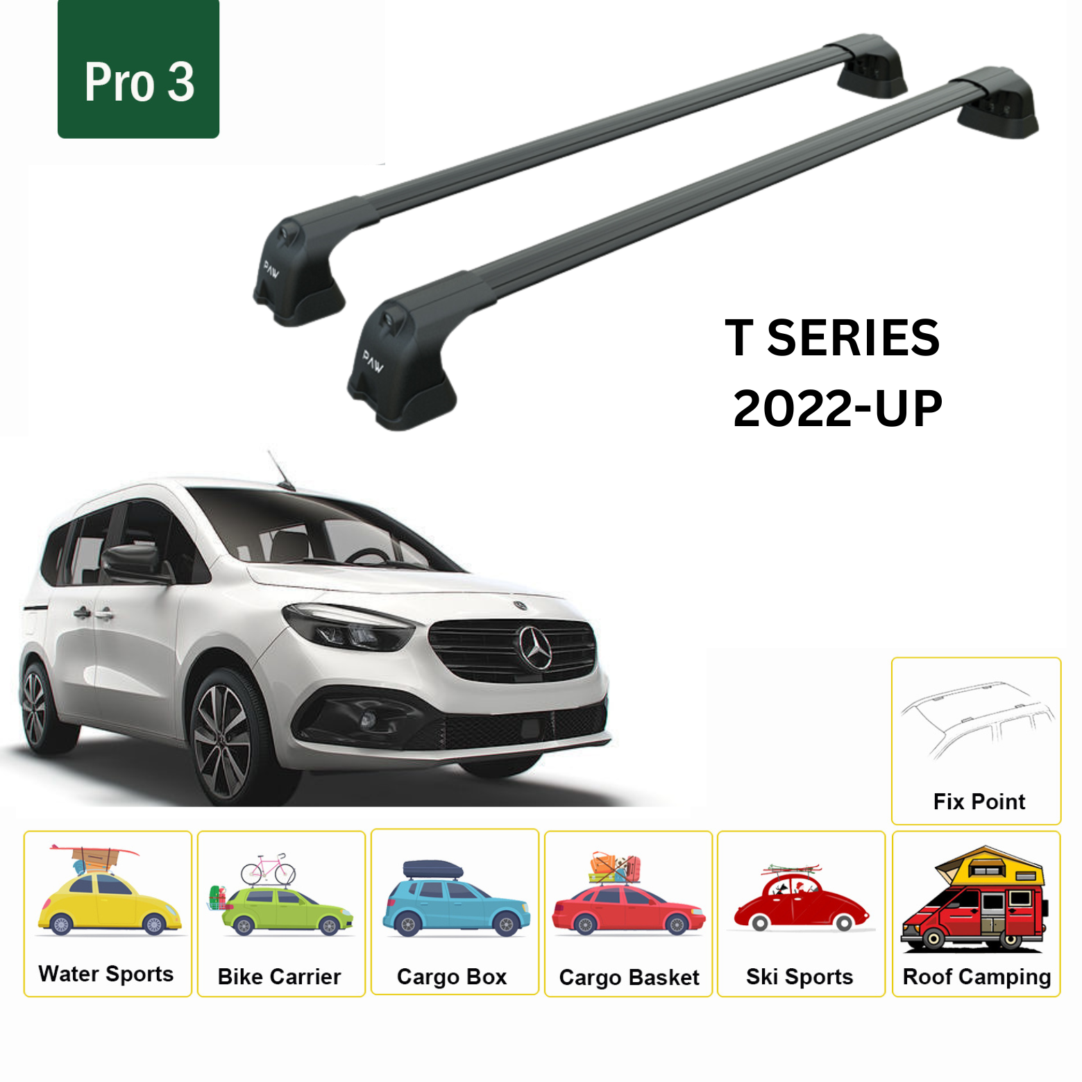 For Mercedes Benz T 2022-Up Roof Rack Cross Bars Metal Bracket Fix Point Alu Black - 0