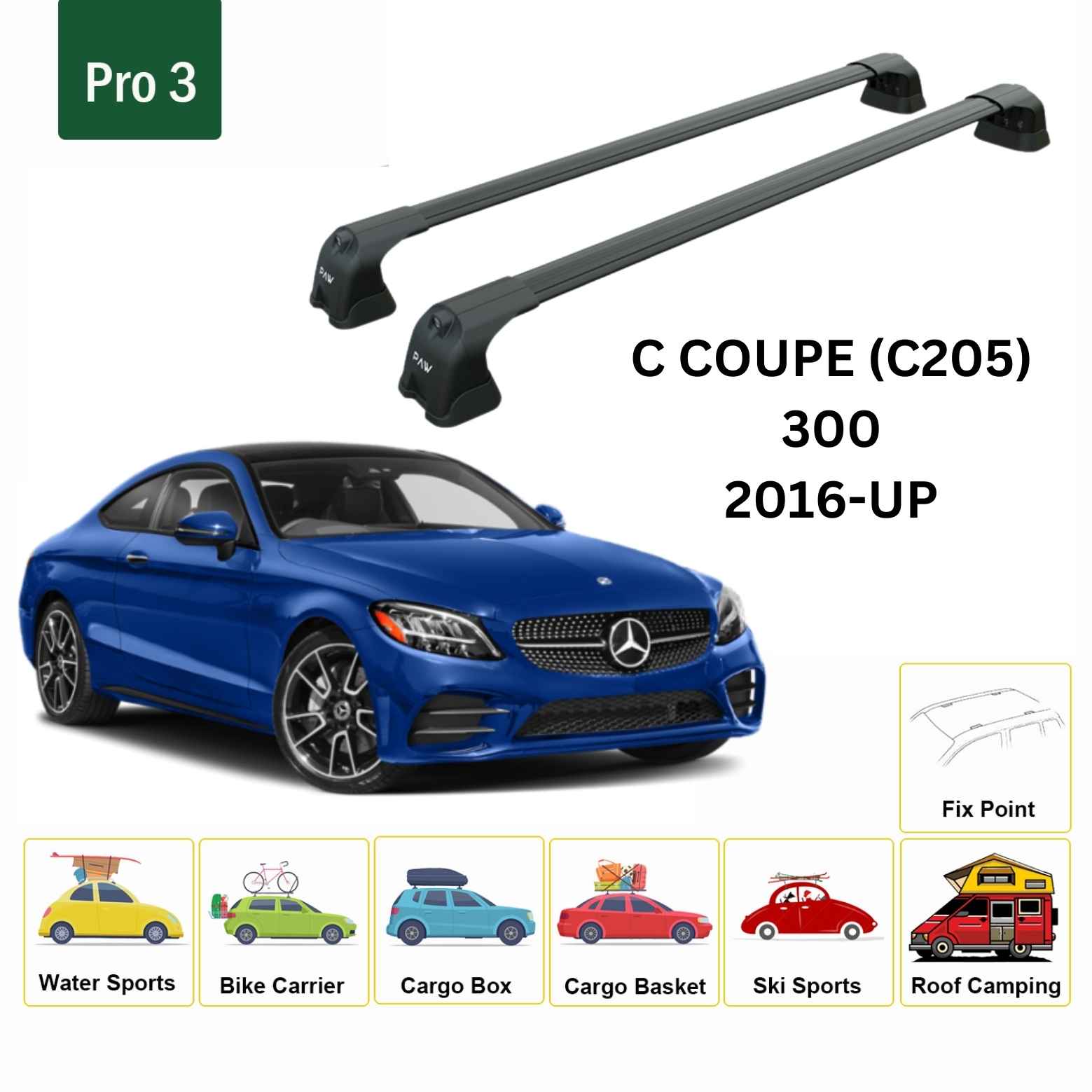 For Mercedes Benz C Coupe C205 2016-Up Roof Rack Cross Bars Fix Point Alu Black