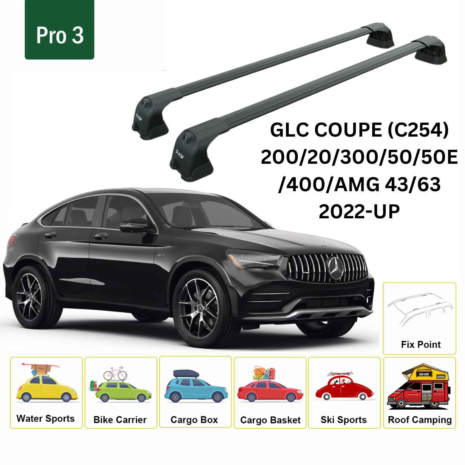 For Mercedes Benz GLC Coupe (C254) 2022-Up Roof Rack Cross Bars Fix Point Alu Black - 0