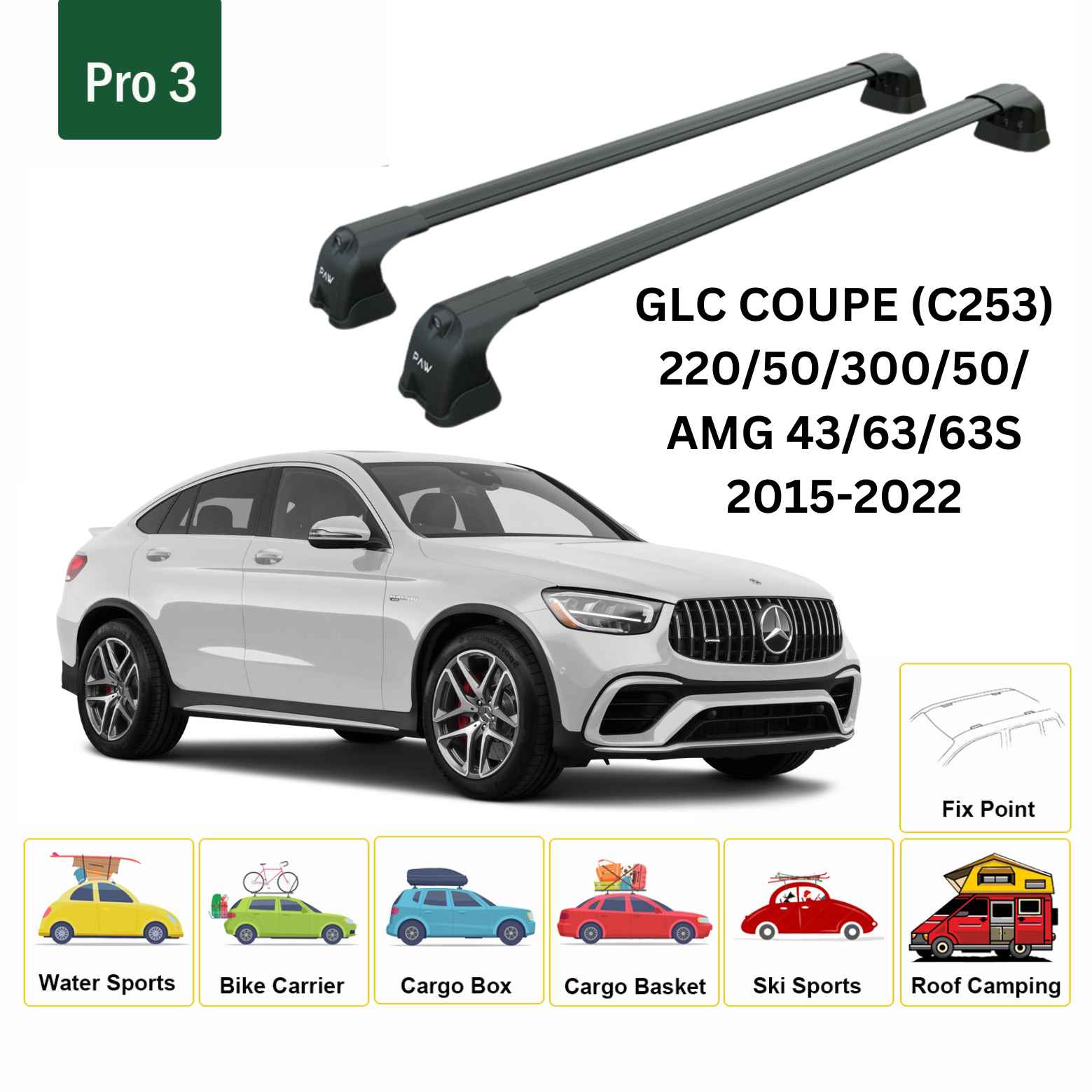 For Mercedes Benz GLC Coupe (C253) 2015-22 Roof Rack Cross Bars Fix Point Alu Black