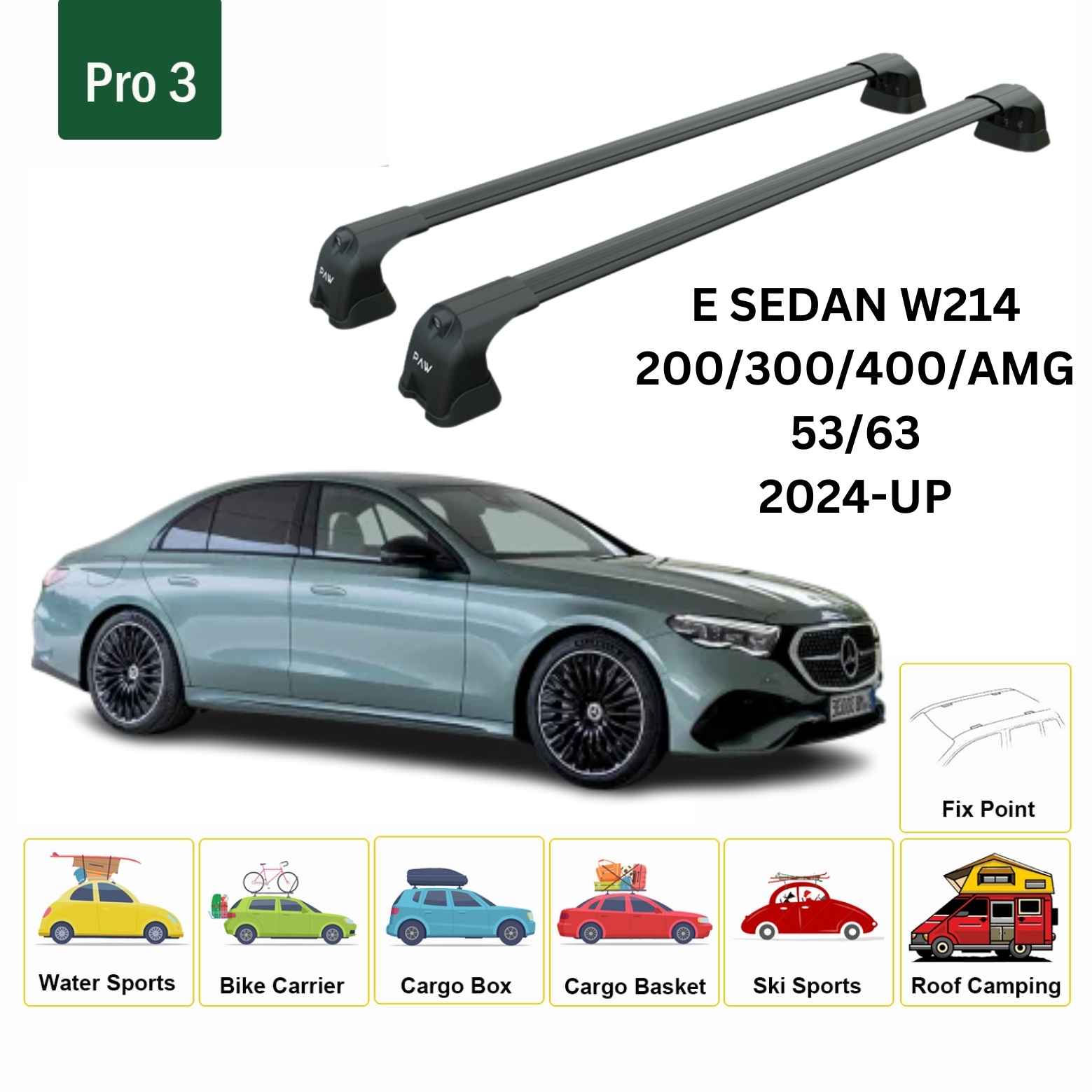 For Mercedes Benz E Sedan W214 2024-Up Roof Rack Cross Bars Fix Point Alu Black