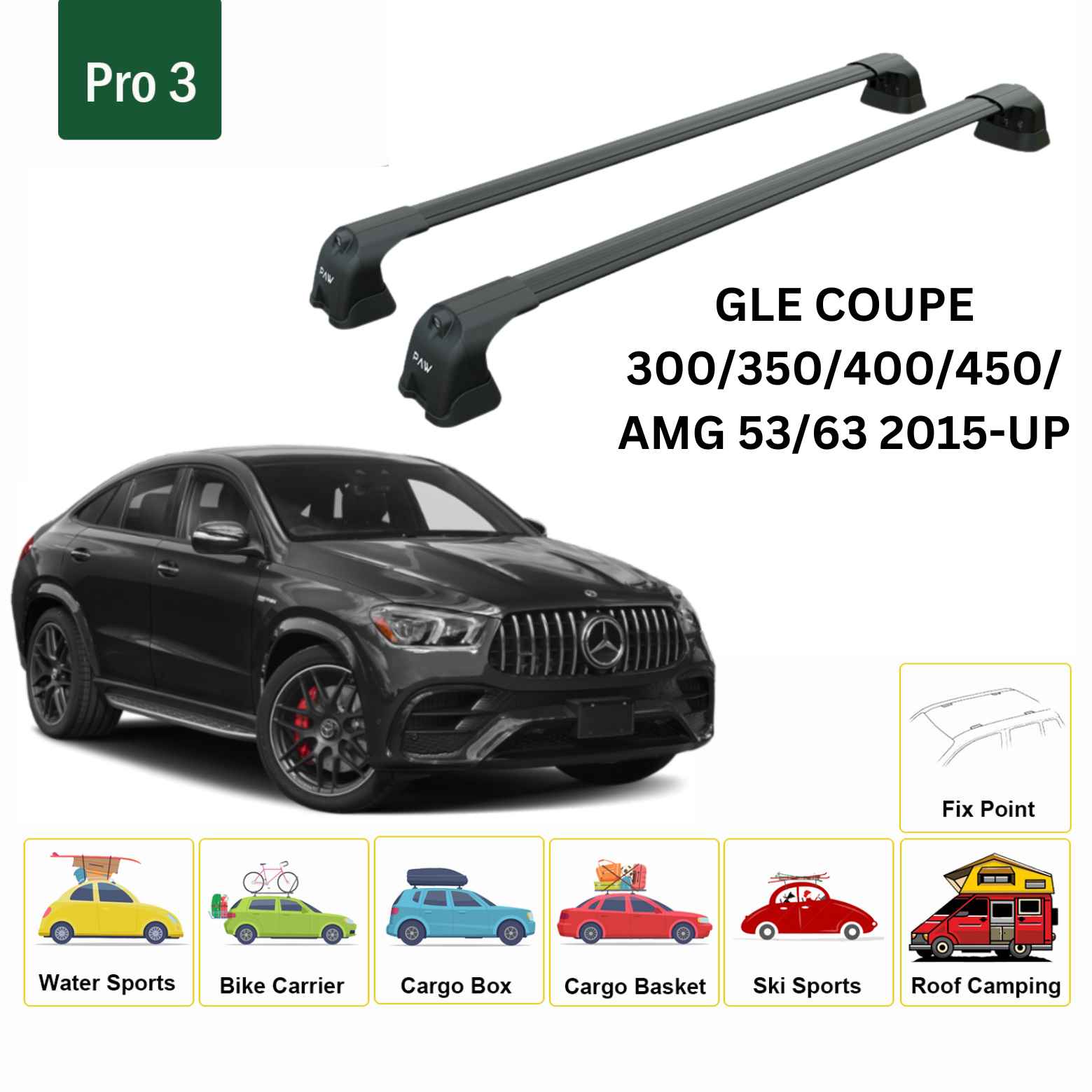 For Mercedes Benz GLE Coupe 2015-Up Roof Rack Cross Bars Fix Point Alu Black - 0