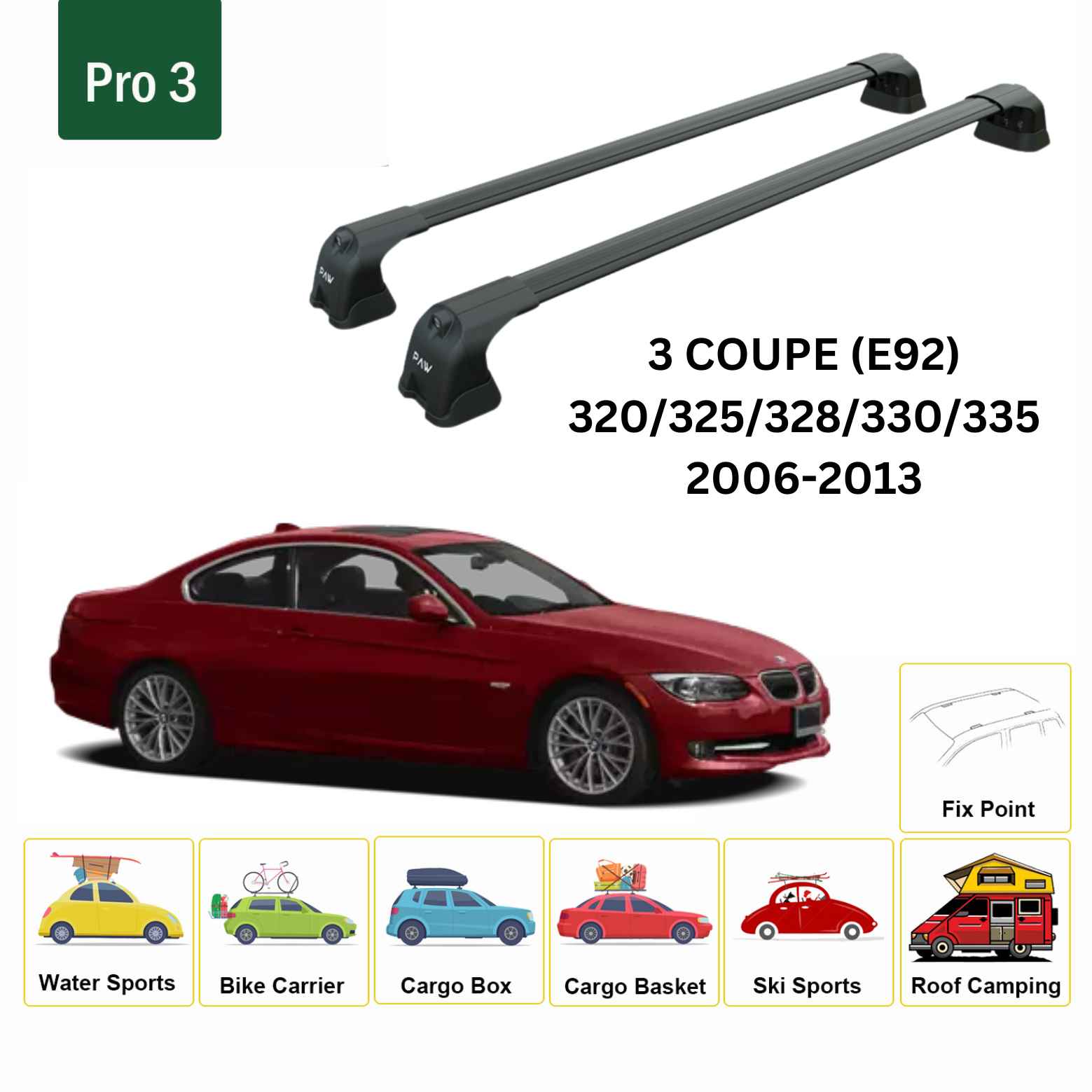 For BMW 3 Coupe (E92) 2006-13 Roof Rack Cross Bars Fix Point Alu Black - 0