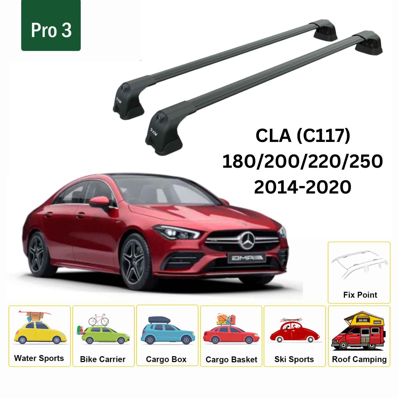 For Mercedes Benz CLA C117 2014-2020 Roof Rack Cross Bars Fix Point Alu Black