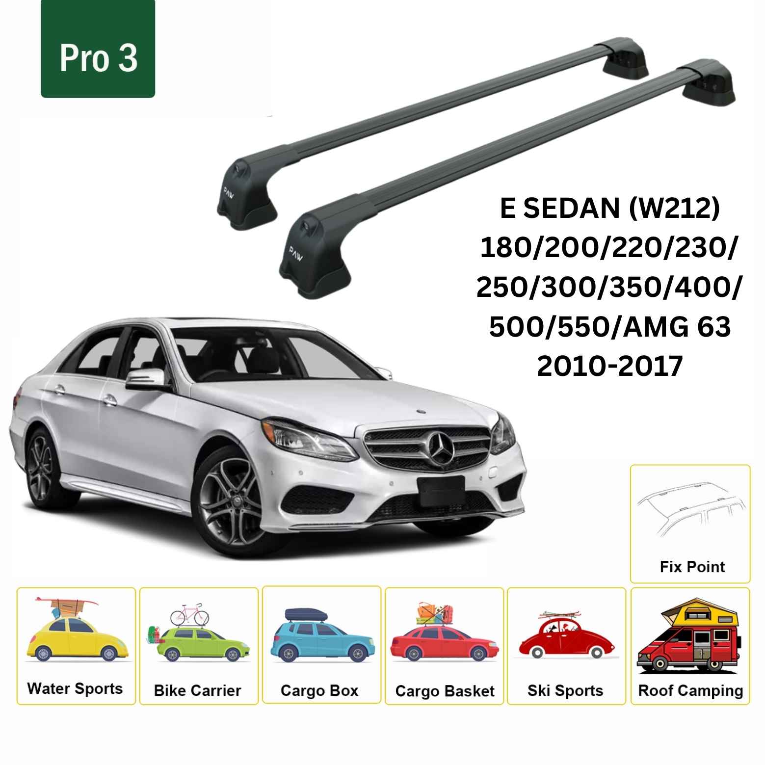 For Mercedes Benz E Sedan W212 2013-2017 Roof Rack Cross Bars Fix Point Alu Black - 0