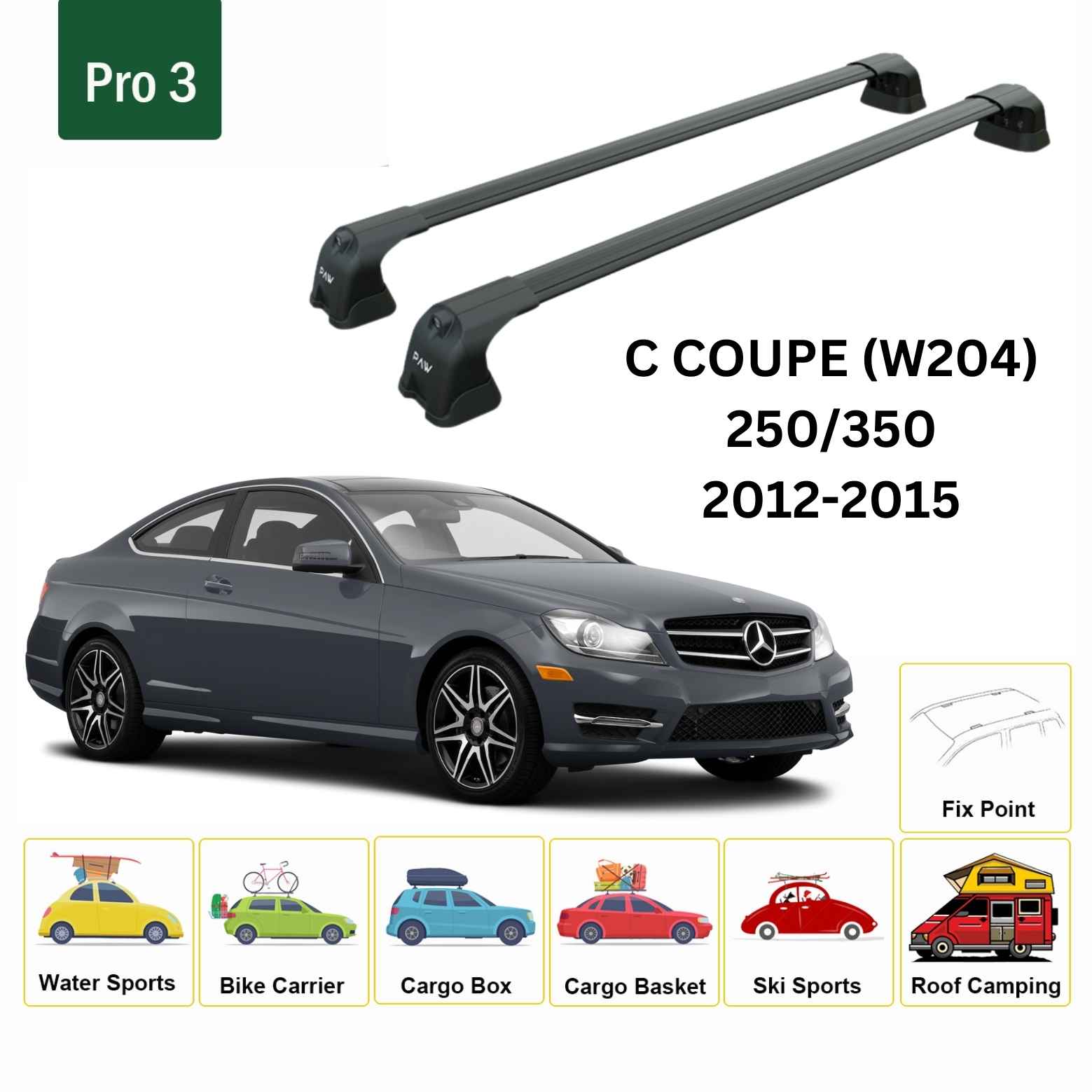 For Mercedes Benz C Coupe W204 2012-2015 Roof Rack Cross Bars Fix Point Alu Black