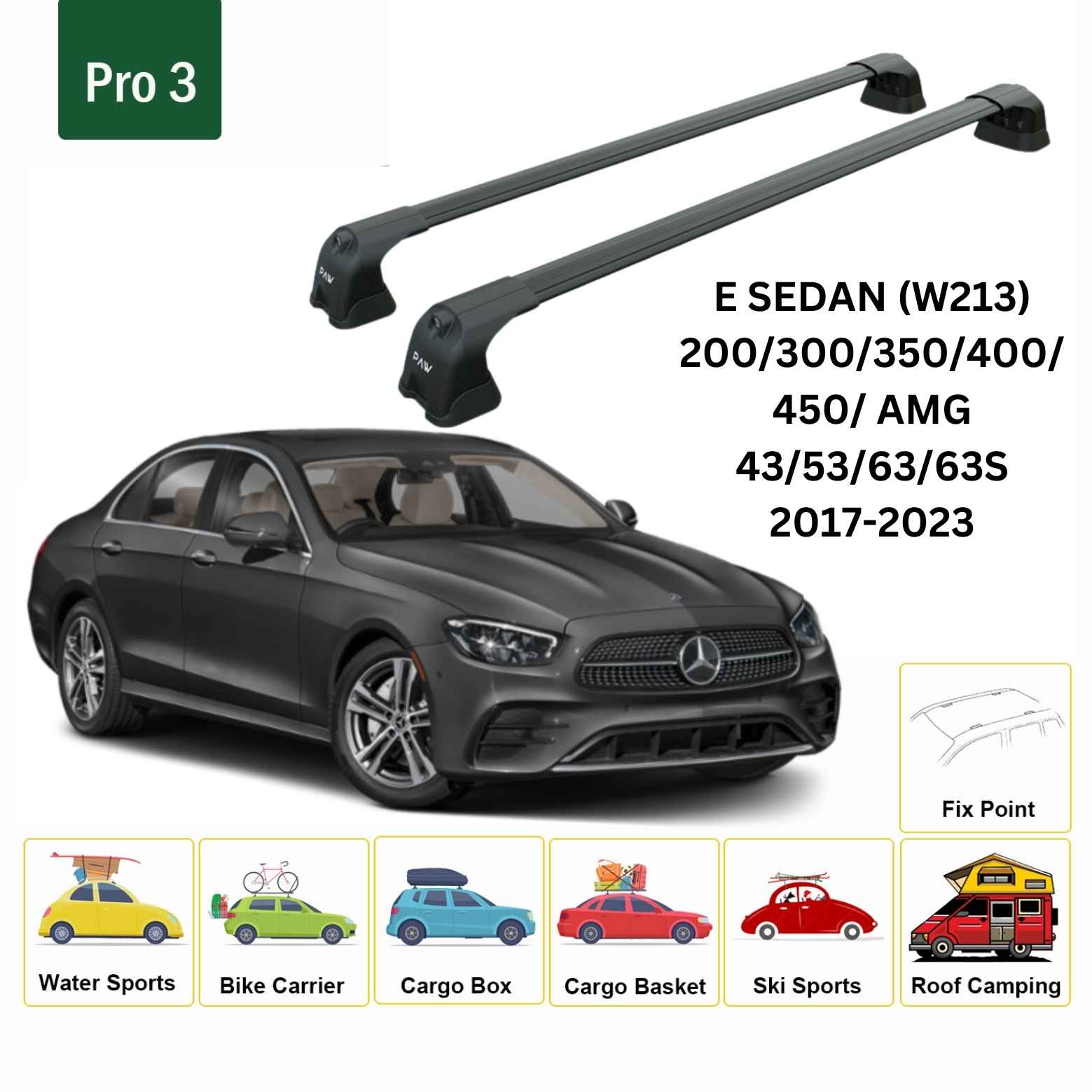For Mercedes Benz E Sedan W213 2017-23 Roof Rack Cross Bars Fix Point Alu Black - 0