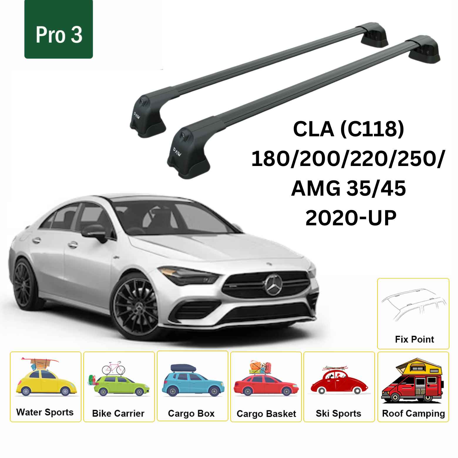 For Mercedes Benz CLA C118 2020-Up Roof Rack Cross Bars Fix Point Alu Black - 0