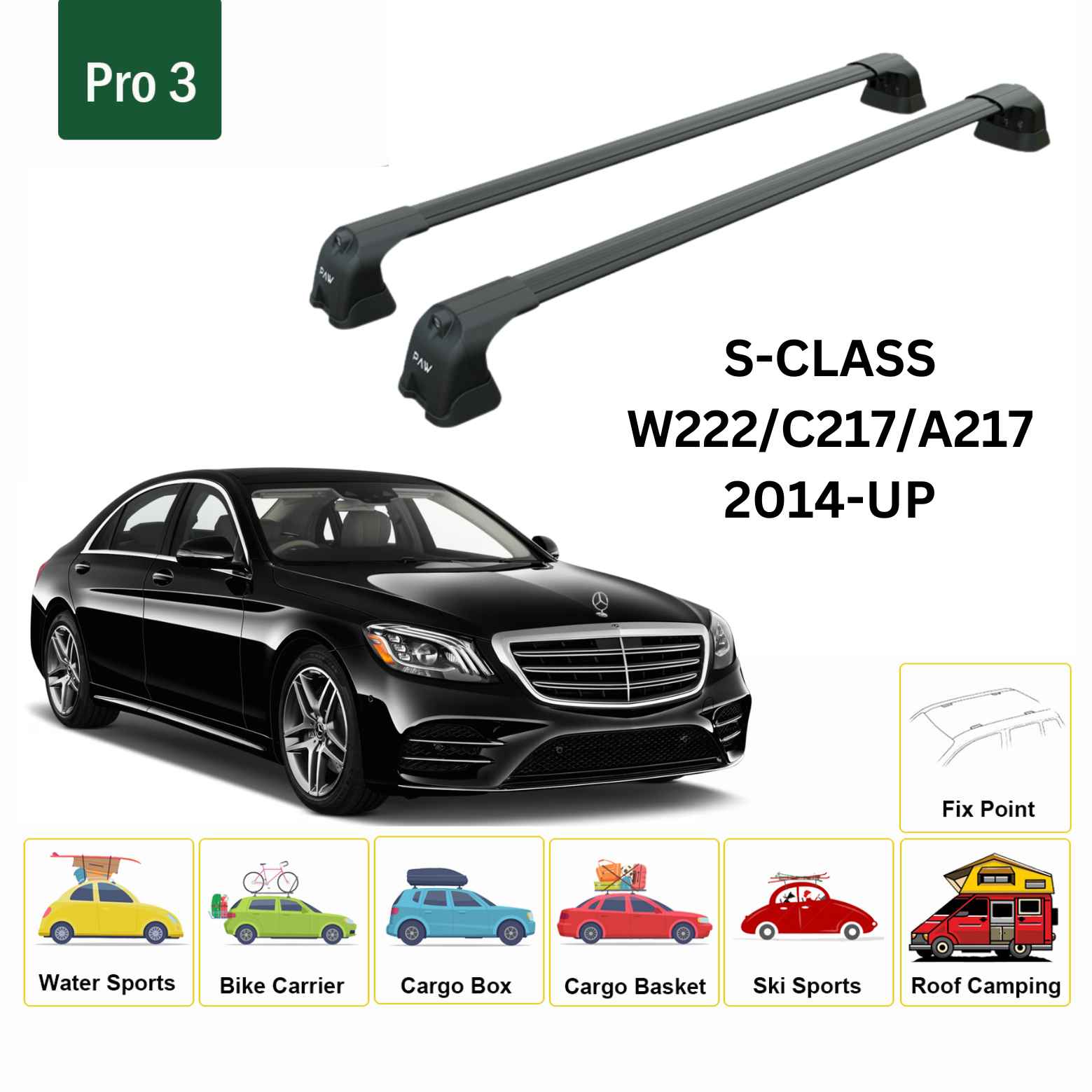For Mercedes Benz S-Class W222/C217/A217 2014-UP Roof Rack Cross Bars Metal Bracket Fix Point Alu Black - 0