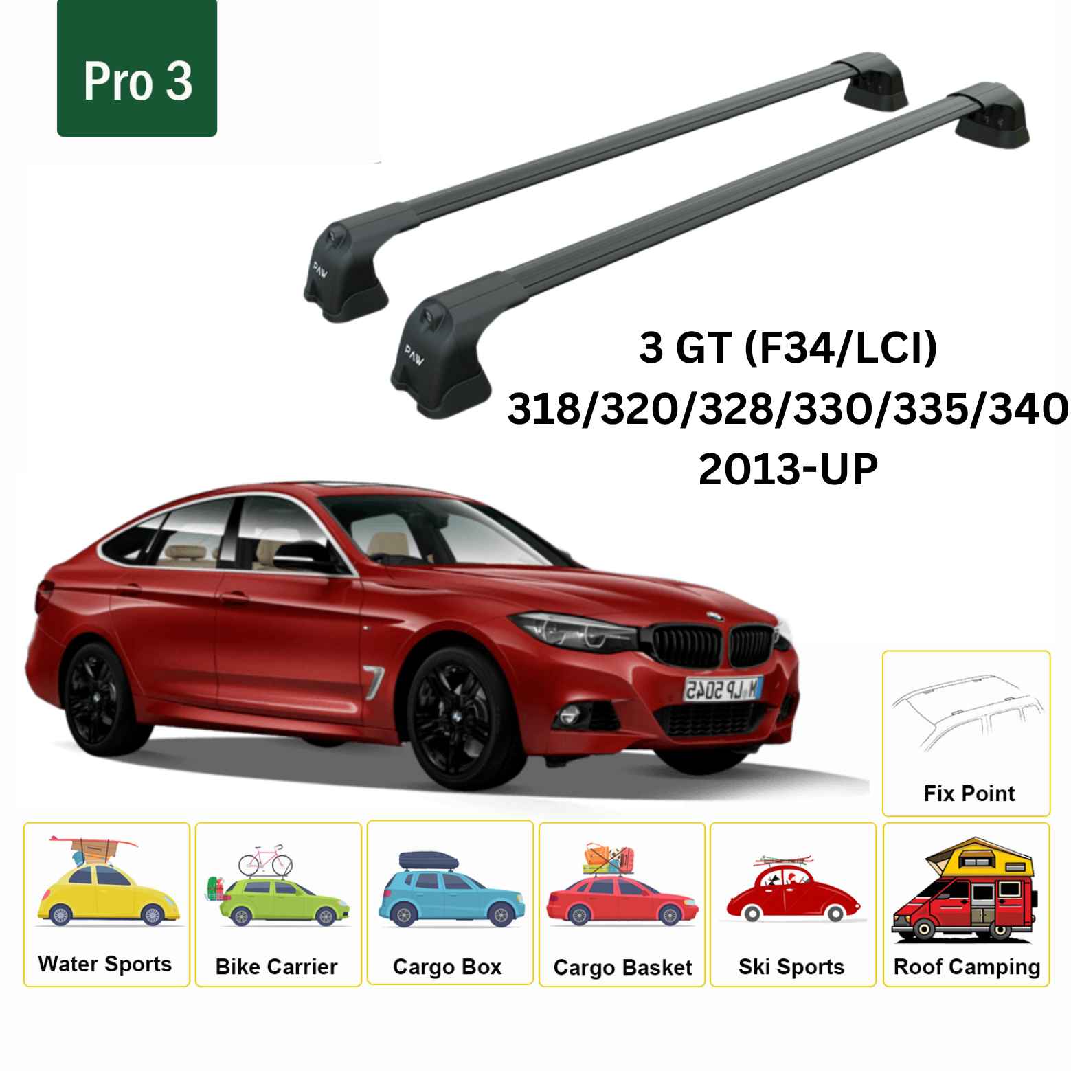 For BMW 3 GT (F34/LCI) 2013-Up Roof Rack Cross Bars Fix Point Alu Black-2