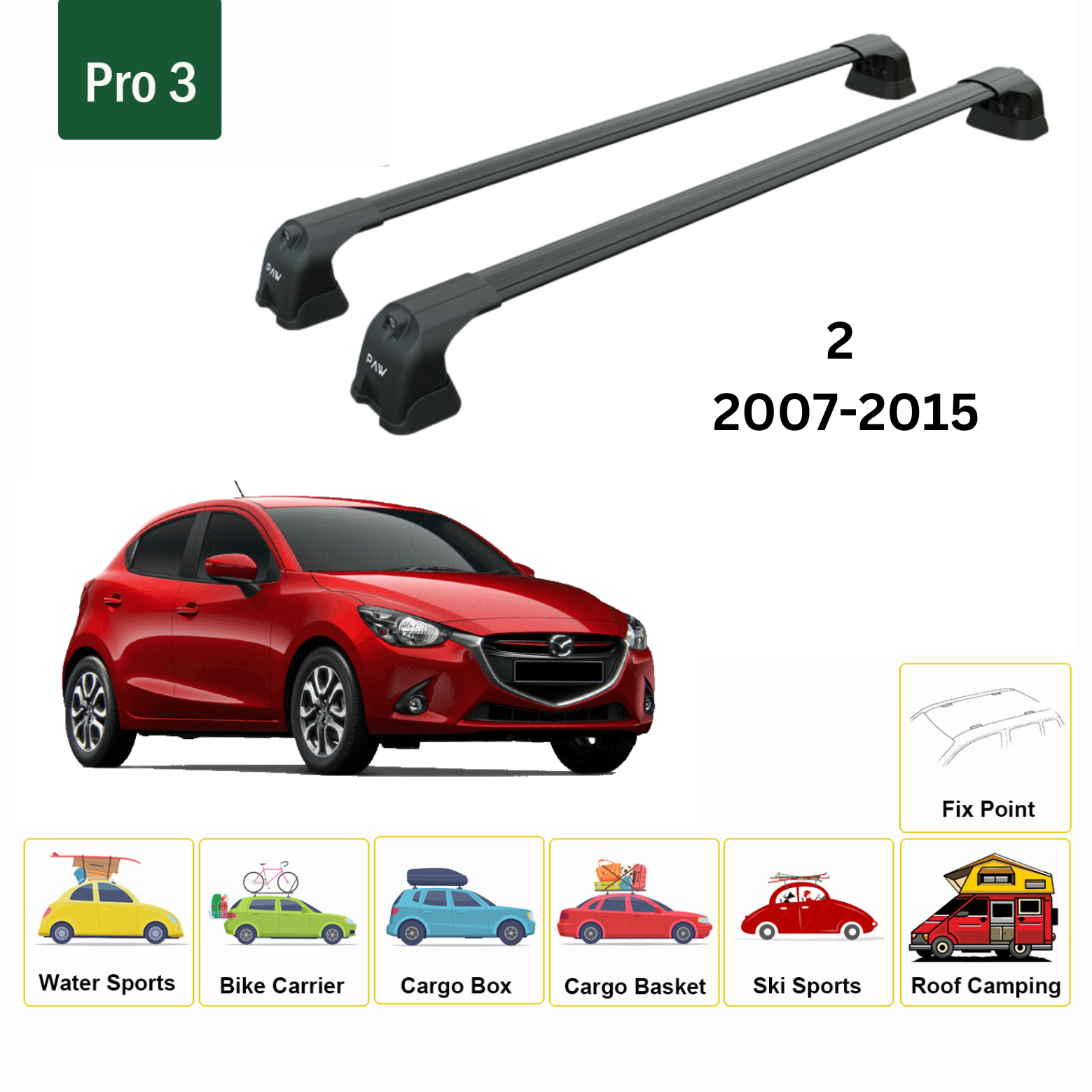 For Mazda 2 Series 2007-15 Roof Rack Cross Bars Metal Bracket Fix Point Alu Black - 0