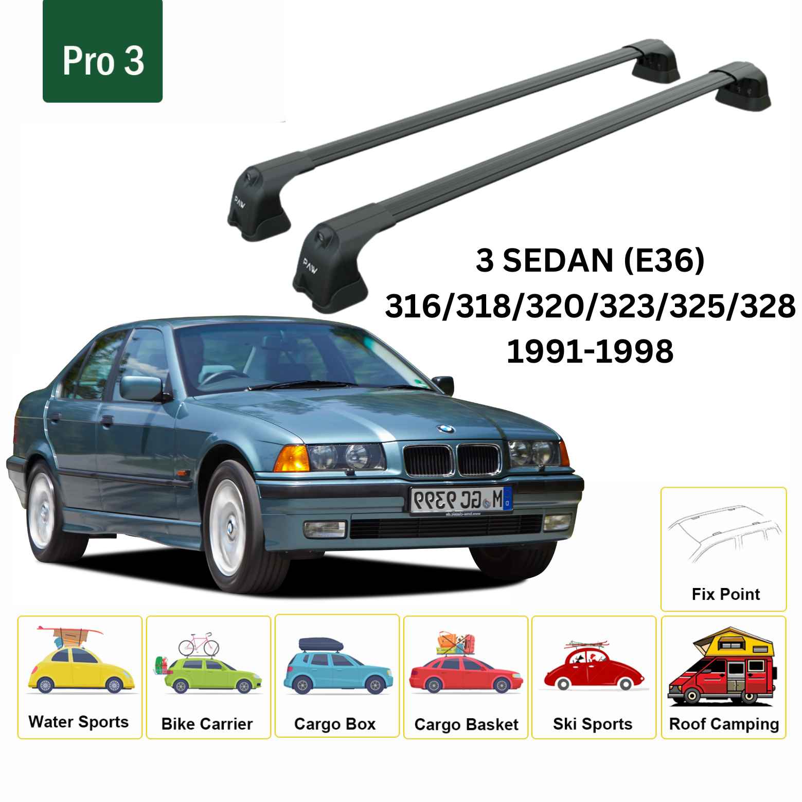 For BMW 3 Sedan (E36) 1991-98 Roof Rack Cross Bars Fix Point Alu Black