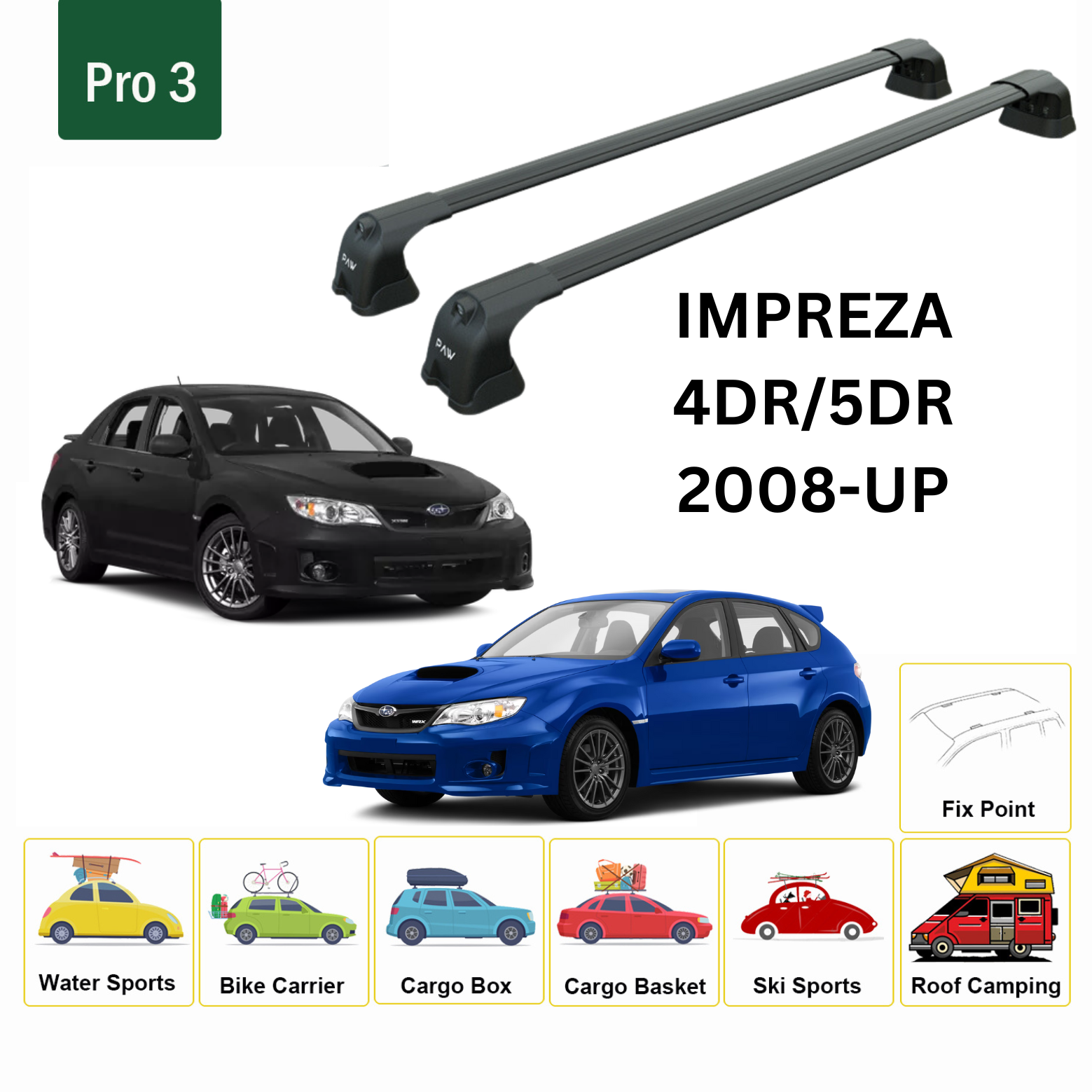 For Subaru Impreza WRX 2008-UP Roof Rack Cross Bar Metal Bracket Fix Point Alu Black - 0