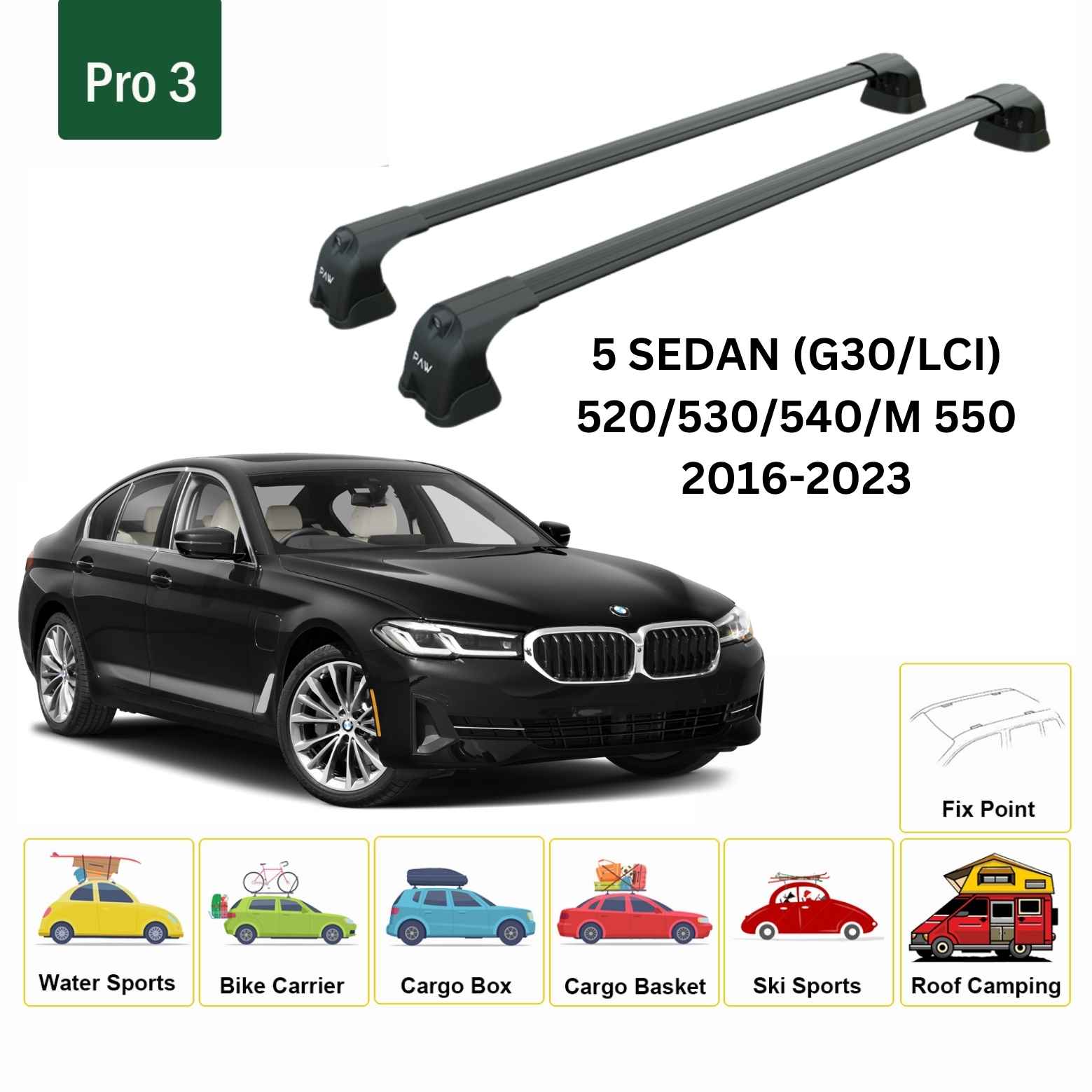 For BMW 5 Sedan (G30/LCI) 2016-23 Roof Rack Cross Bars Fix Point Alu Black