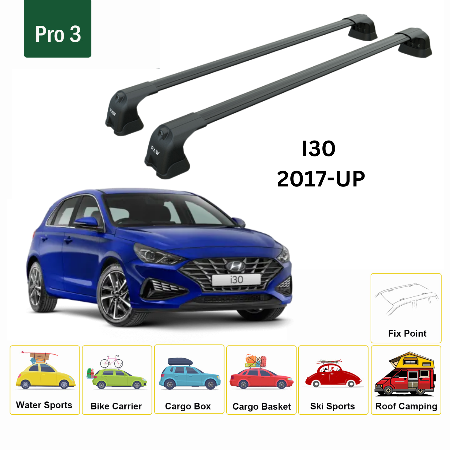 For Hyundai i30 2017-Up Roof Rack Cross Bars Fix Point Alu Black