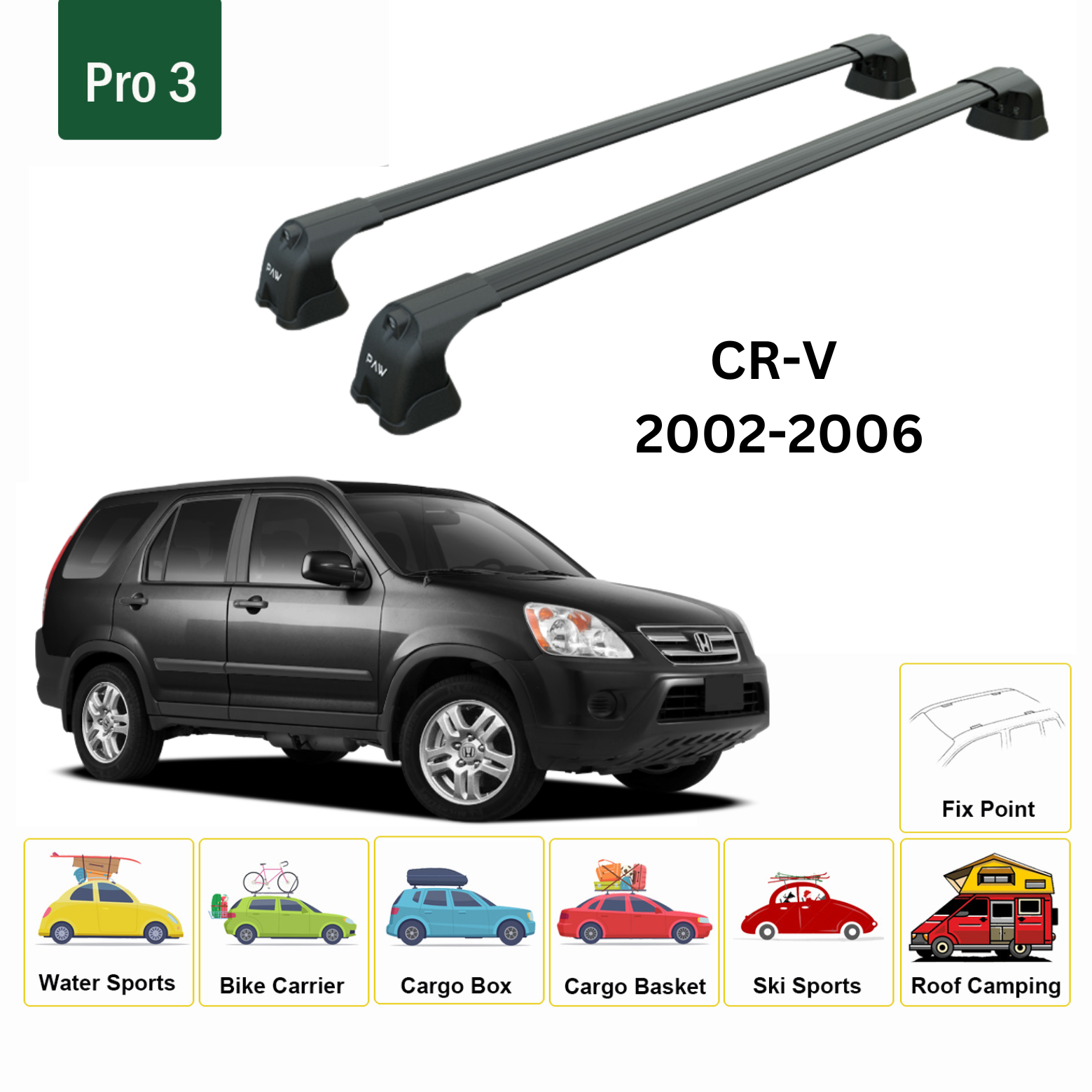For Honda CR-V (MK2) 2002-06 Roof Rack Cross Bars Metal Bracket Fix Point Alu Black