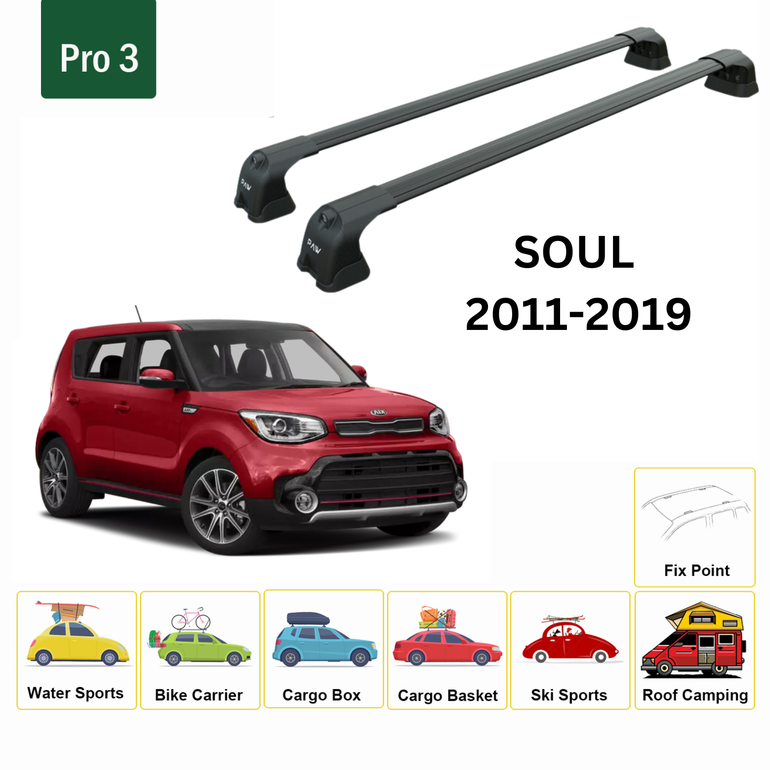 For Kia Soul Premium 2011-19 Roof Rack Cross Bars Fix Point Alu Black - 0