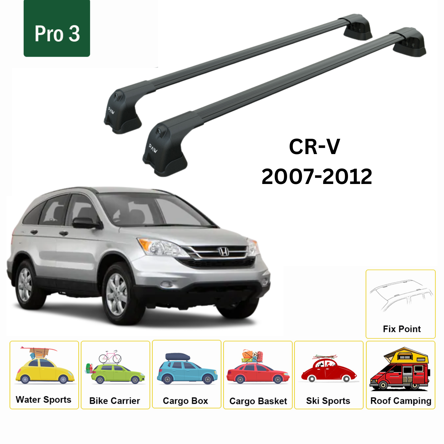 For Honda CR-V (MK2) 2007-12 Roof Rack Cross Bars Metal Bracket Fix Point Alu Black - 0