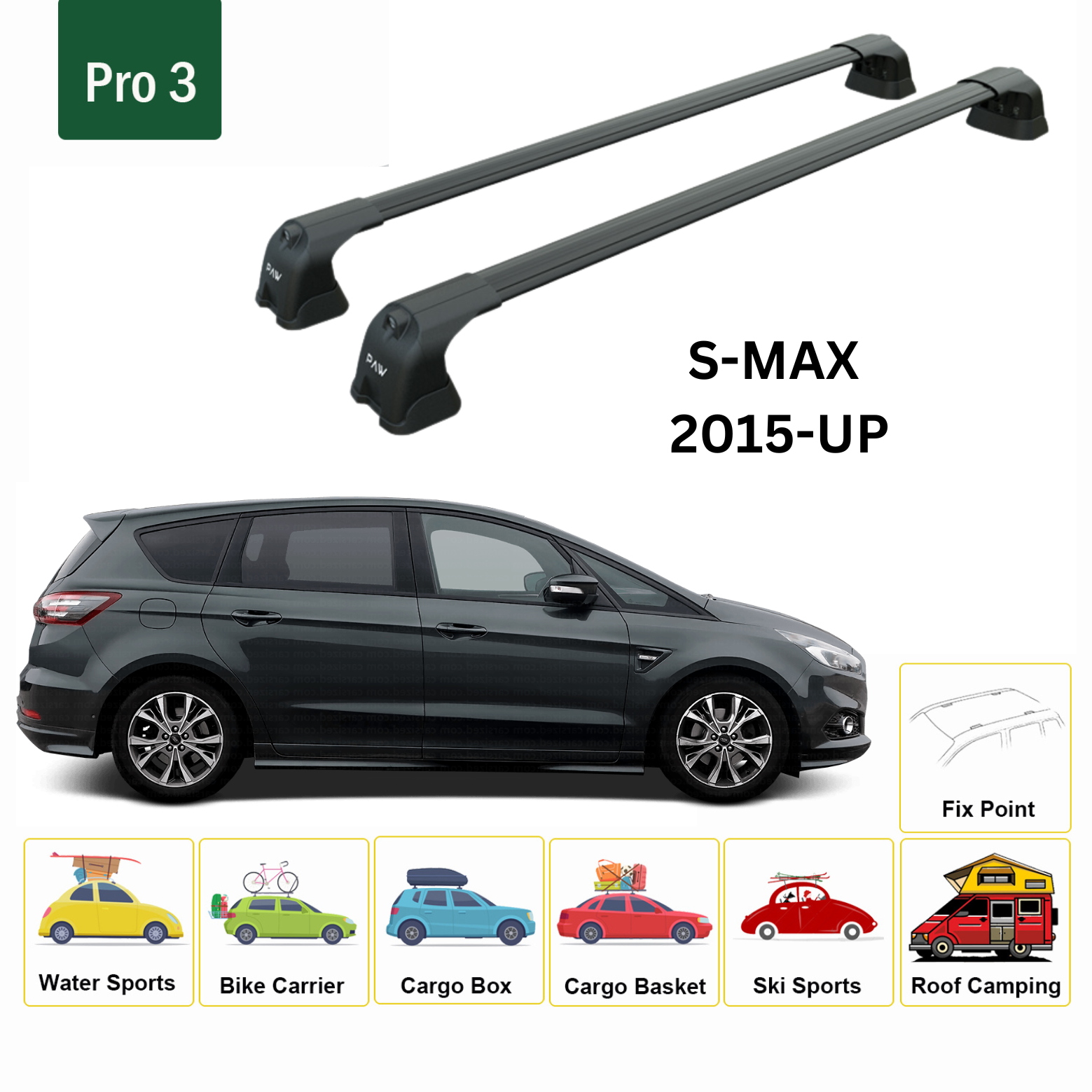 For Ford S-Max (CD539) 2015-Up Roof Rack Cross Bars Fix Point Alu Black