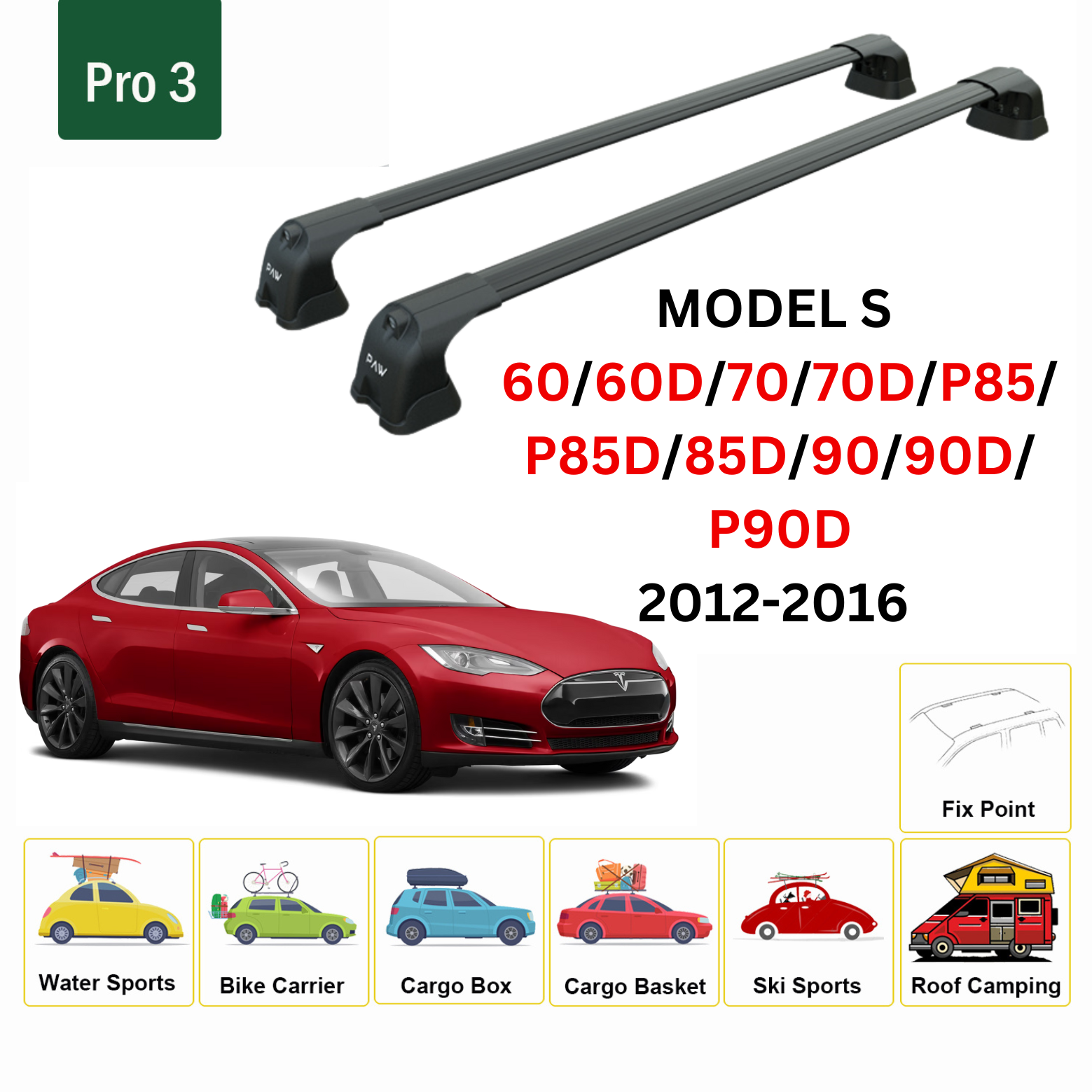 For Tesla Model S 2012-2016 Roof Rack Cross Bars Metal Bracket Fix Point Alu Black - 0