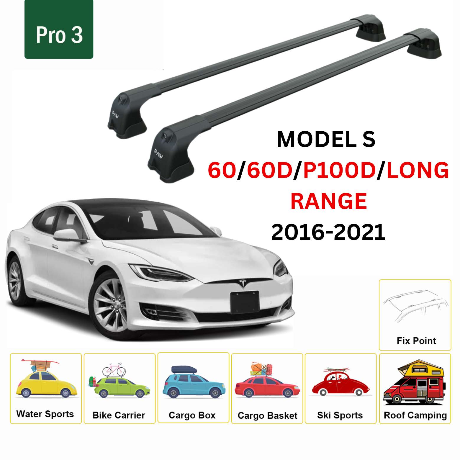 For Tesla Model S 2016-2021 Roof Rack Cross Bars Metal Bracket Fix Point Alu Black - 0