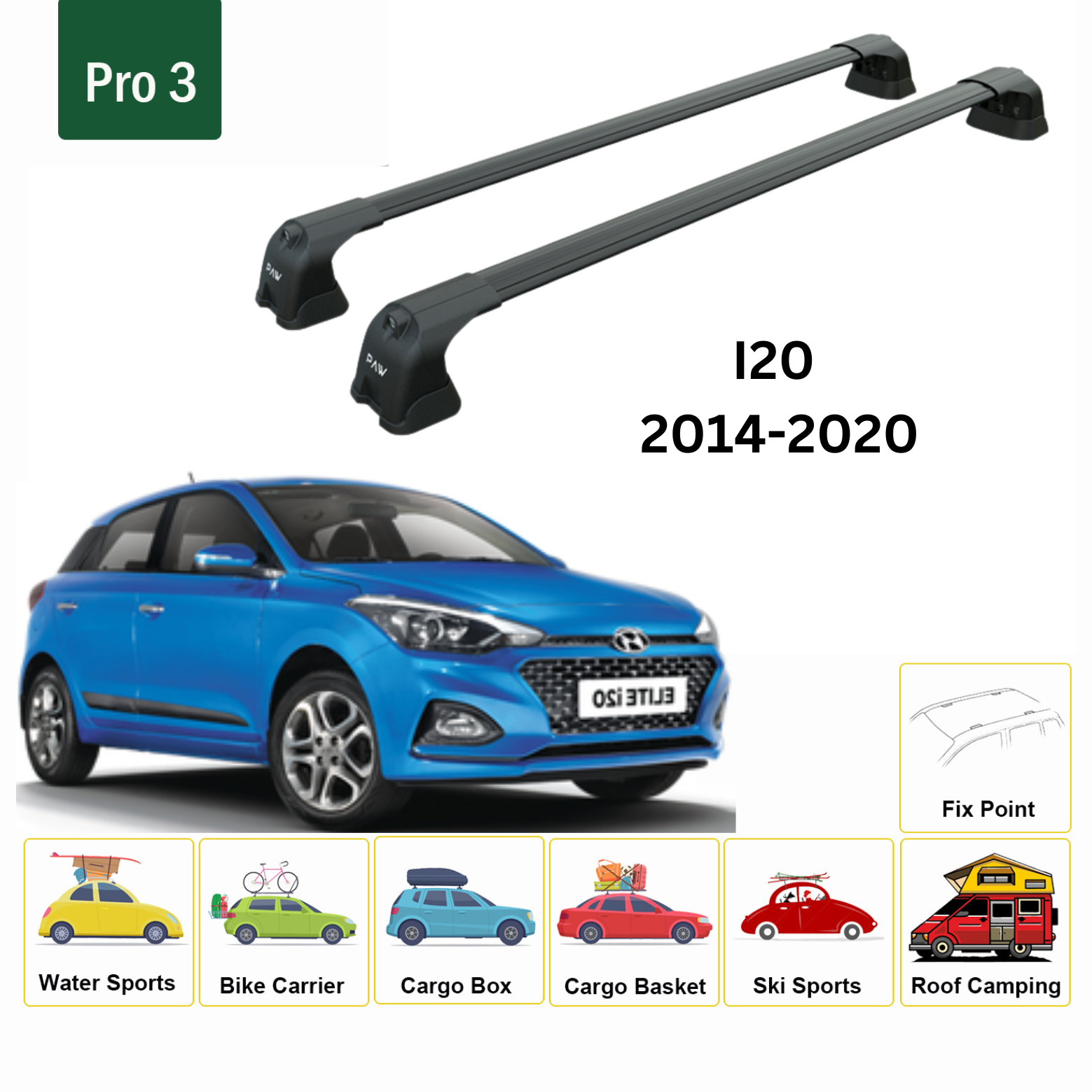 For Hyundai i20 2014-20 Roof Rack Cross Bars Fix Point Alu Black