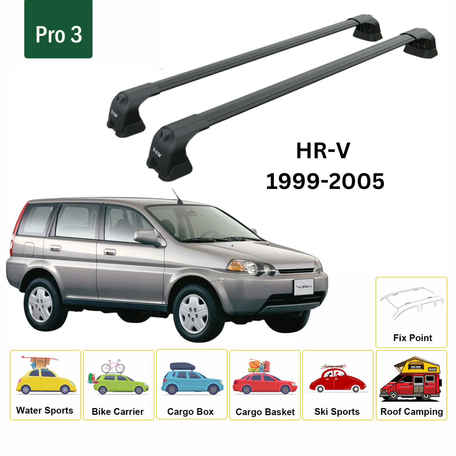 For Honda HR-V 1999-05 Roof Rack Cross Bars Metal Bracket Fix Point Alu Black - 0