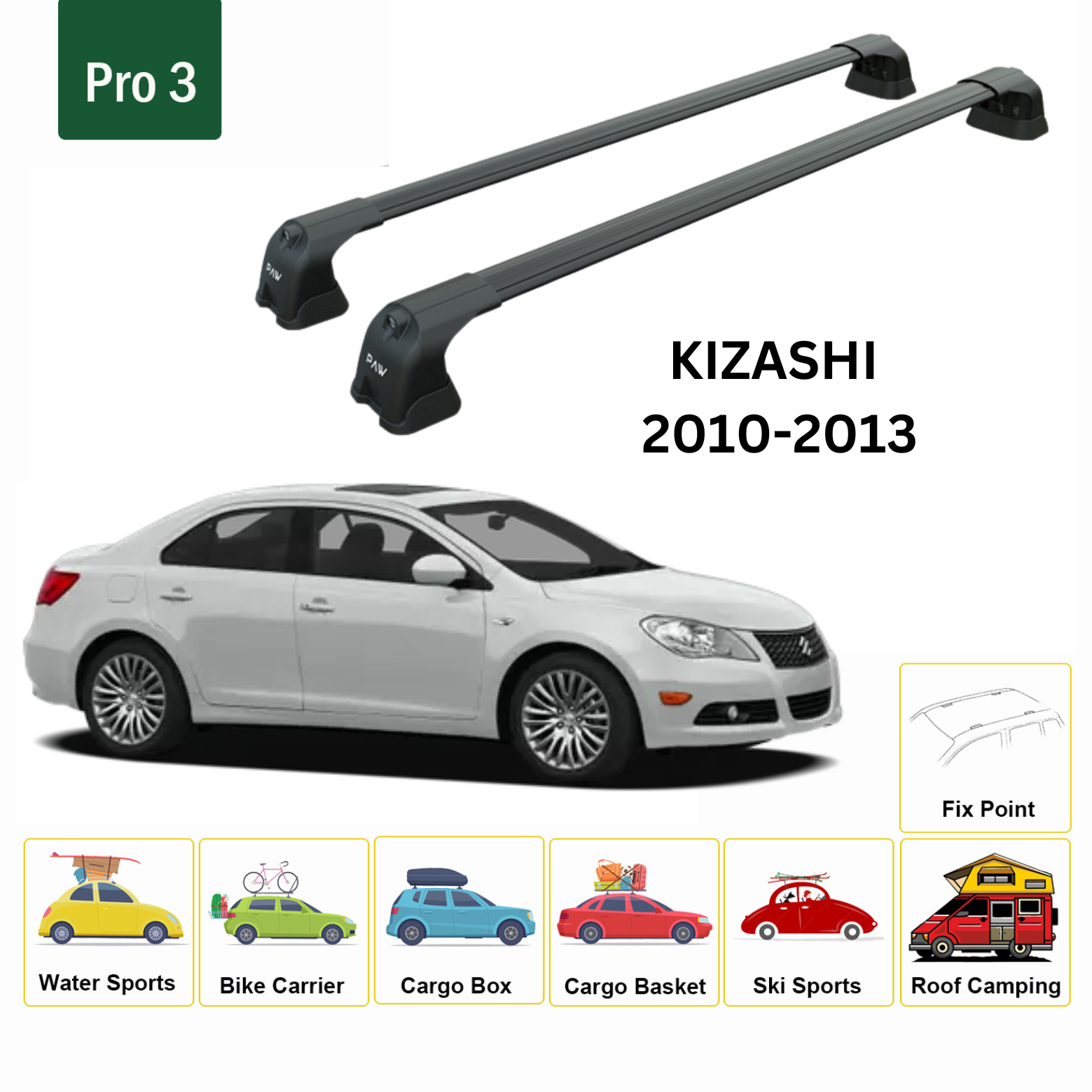 For Suzuki Kizashi 2010-13 Roof Rack Cross Bars Metal Bracket Fix Point Alu Black - 0