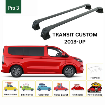 For Ford Transit Custom LWB 2013-2022 Roof Rack Cross Bars Fix Point Alu Black - 0