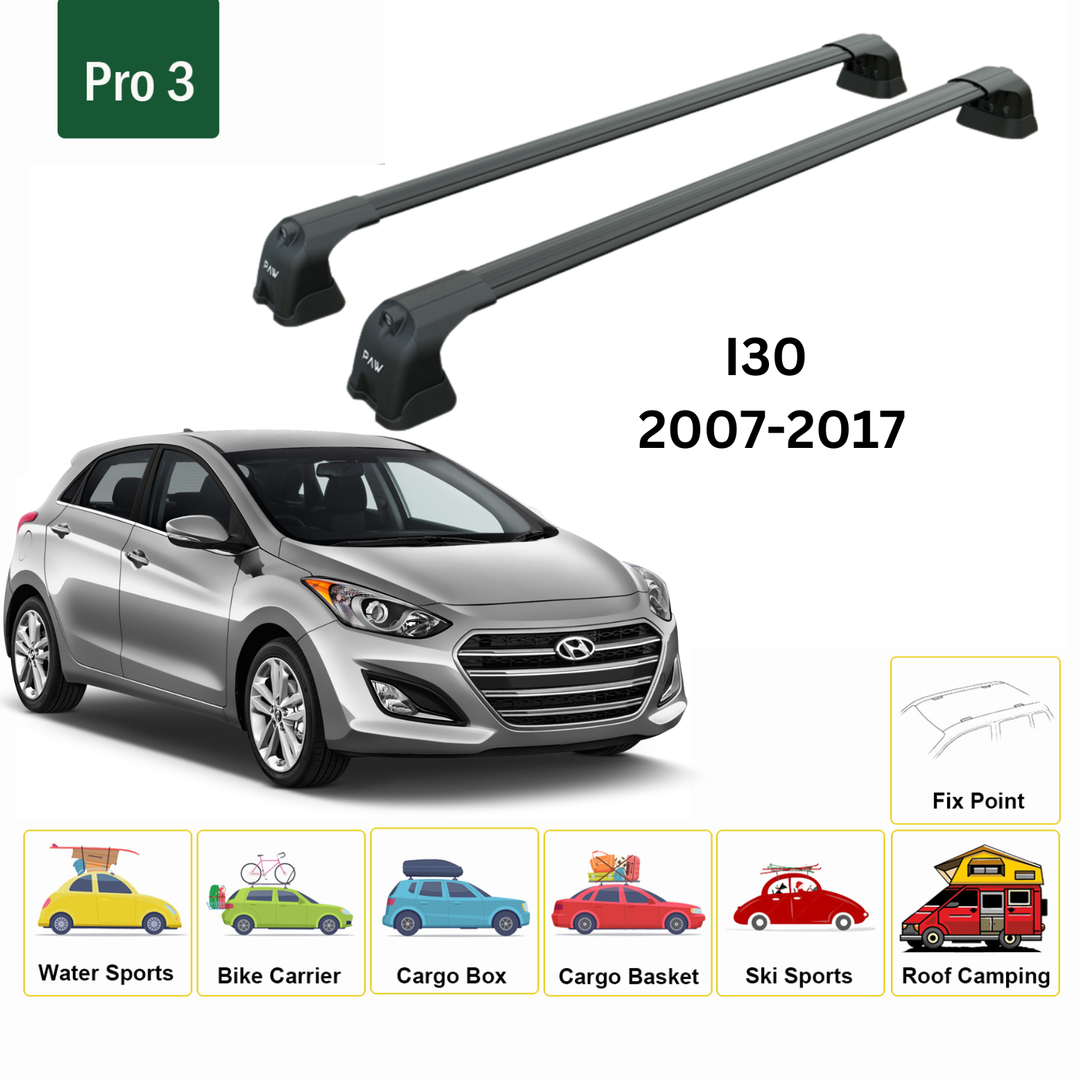 Für Hyundai i30 2007–2012 Dachträgersystem, Aluminium-Querstange, Metallhalterung, abschließbar, schwarz