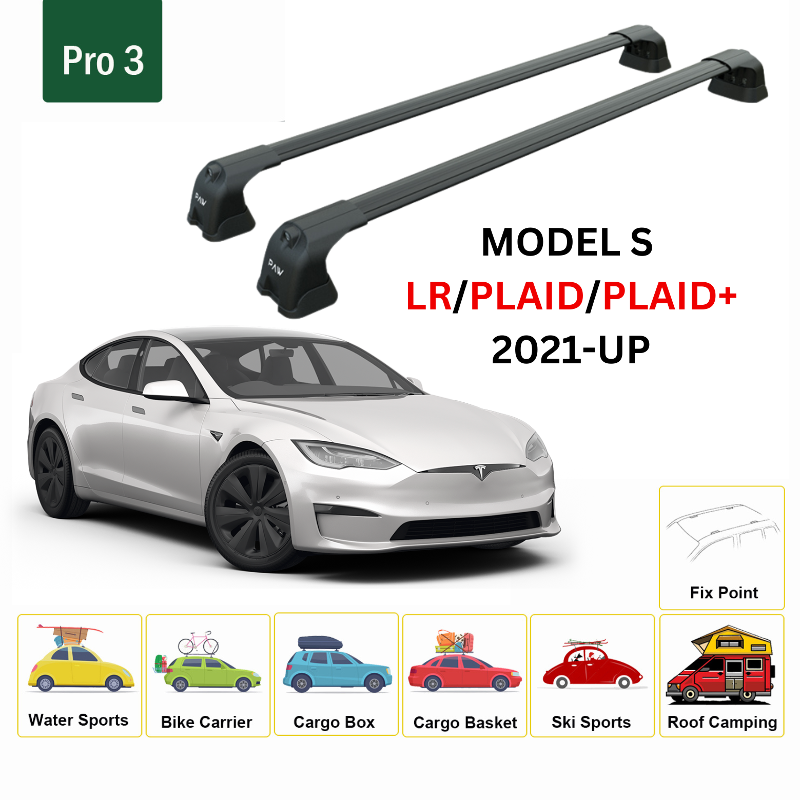 For Tesla Model S 2021-UP Roof Rack Cross Bars Metal Bracket Fix Point Alu Black - 0