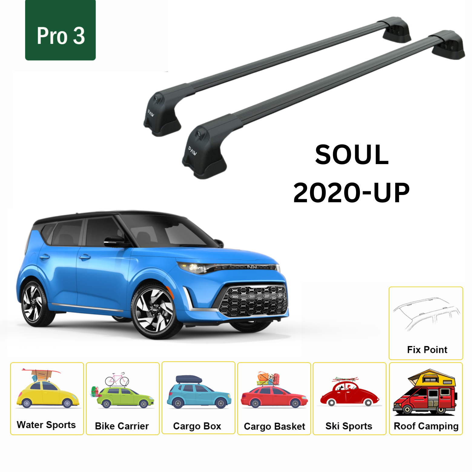 For Kia Soul Premium 2020-Up Roof Rack Cross Bars Fix Point Alu Black