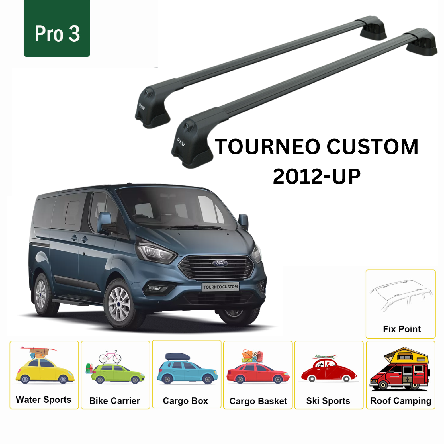 For Ford Tourneo Custom 2012-Up Roof Rack Cross Bars Fix Point Alu Black - 0