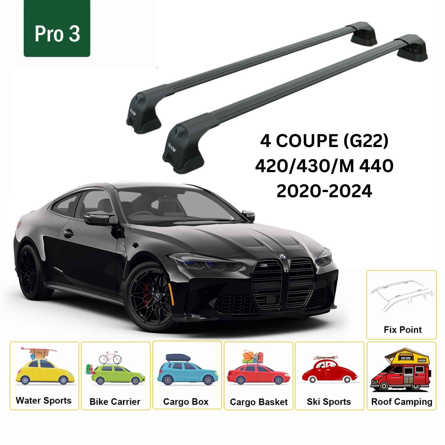 For BMW 4 Coupe (G22) 2020-24 Roof Rack Cross Bars Fix Point Alu Black