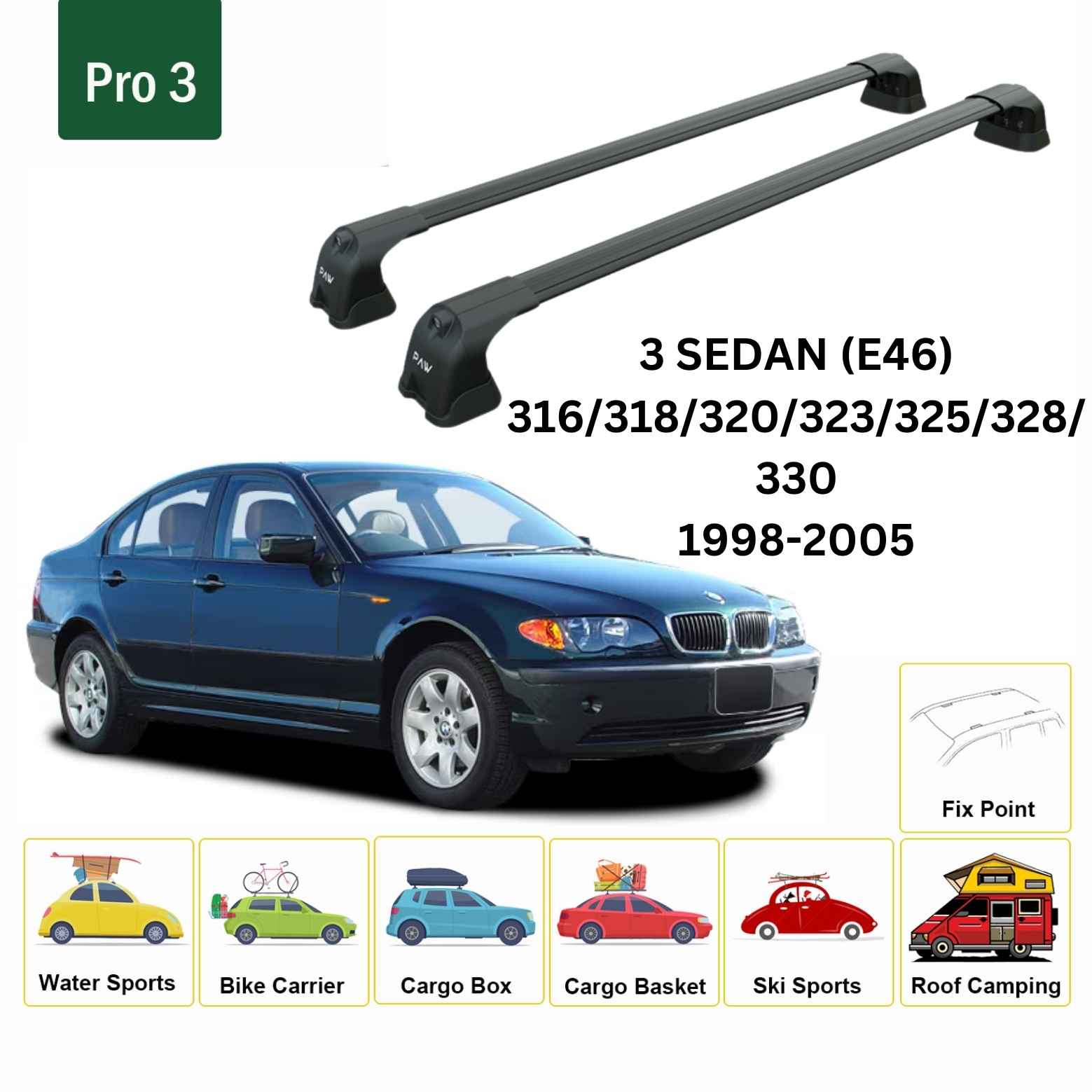 For BMW 3 Sedan (E46) 1998-05 Roof Rack Cross Bars Fix Point Alu Black - 0