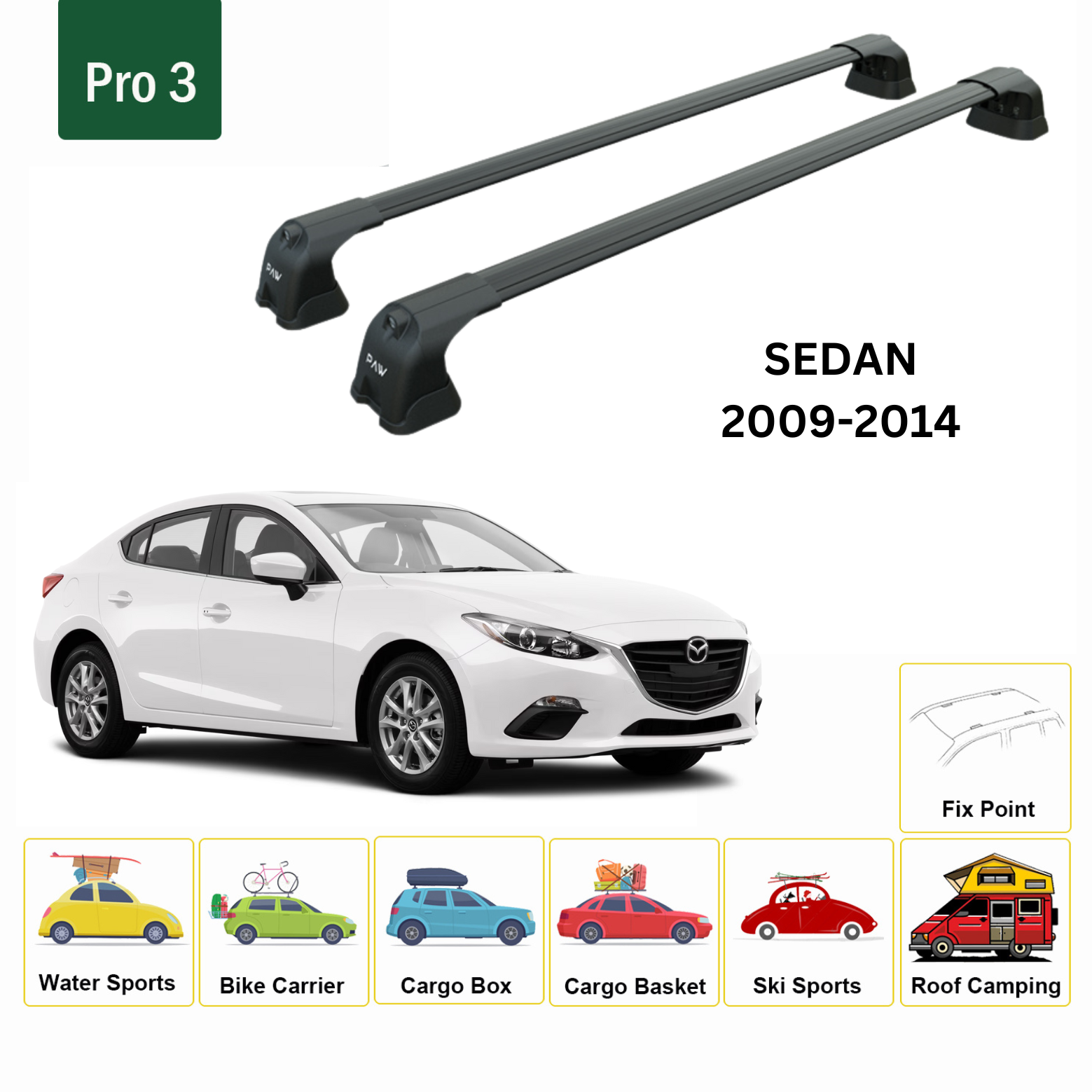 Für Mazda 3 Series Sedan 2009–2014, Dachträgersystem, Träger, Querträger, Aluminium, abschließbar, hochwertige Metallhalterung, schwarz - 0