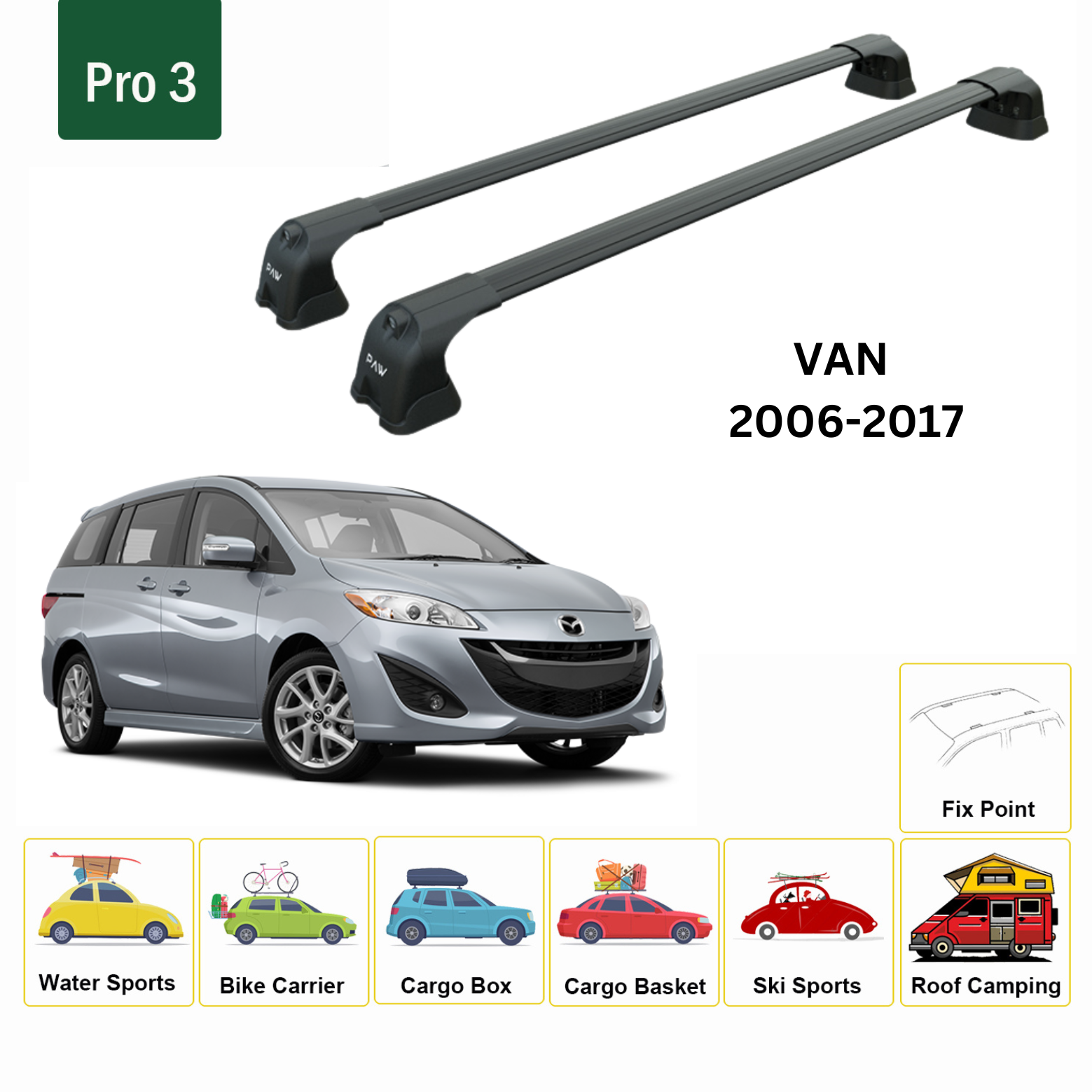 For Mazda 5 Van 2006-17 Roof Rack Cross Bars Metal Bracket Fix Point Alu Black - 0