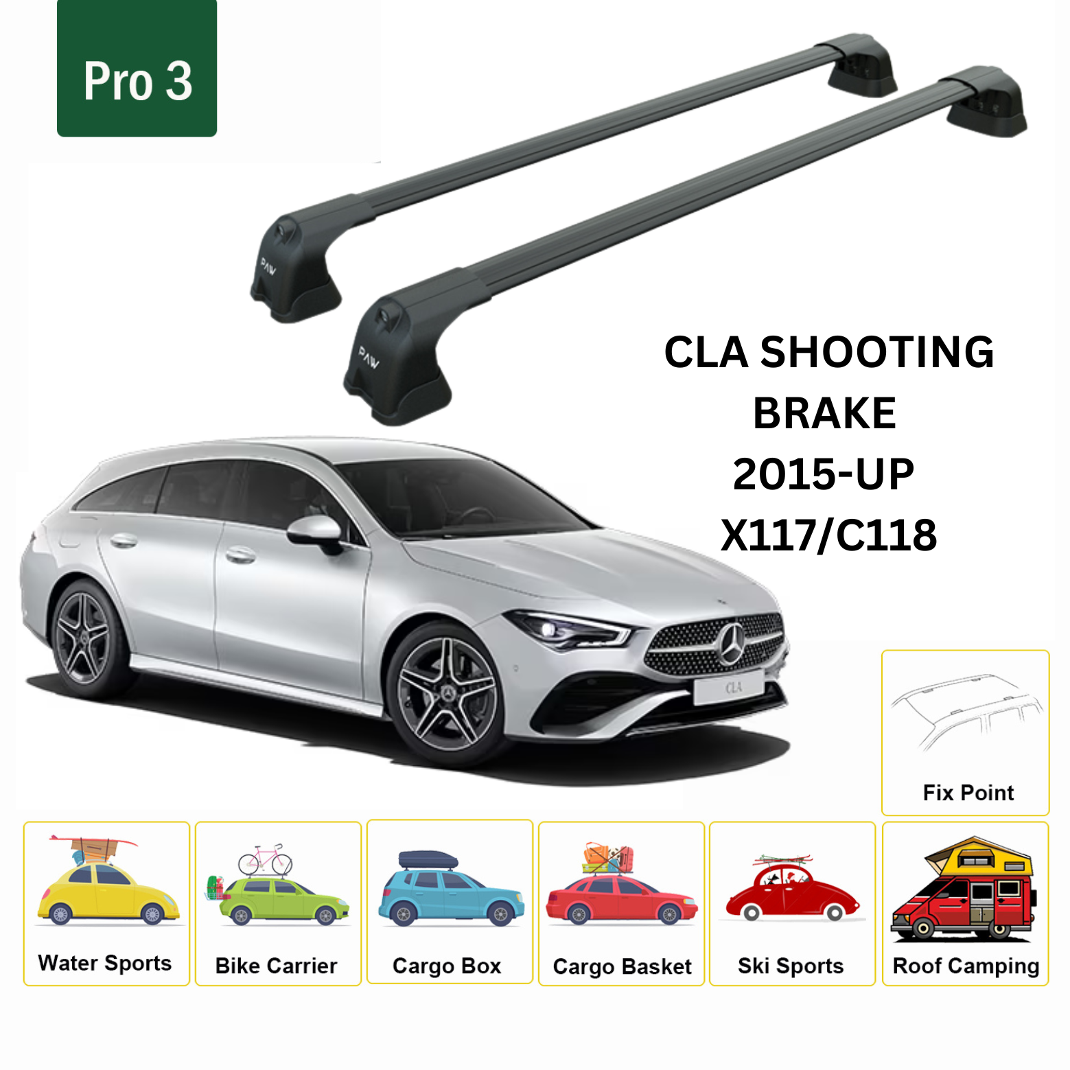 For Mercedes Benz CLA SB 2015-Up Roof Rack Cross Bars Metal Bracket Fix Point Alu Black - 0
