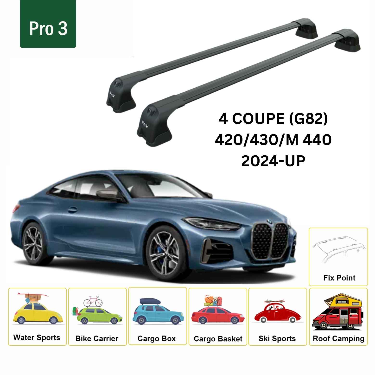 For BMW 4 Coupe (G82) 2024-Up Roof Rack Cross Bars Fix Point Alu Black