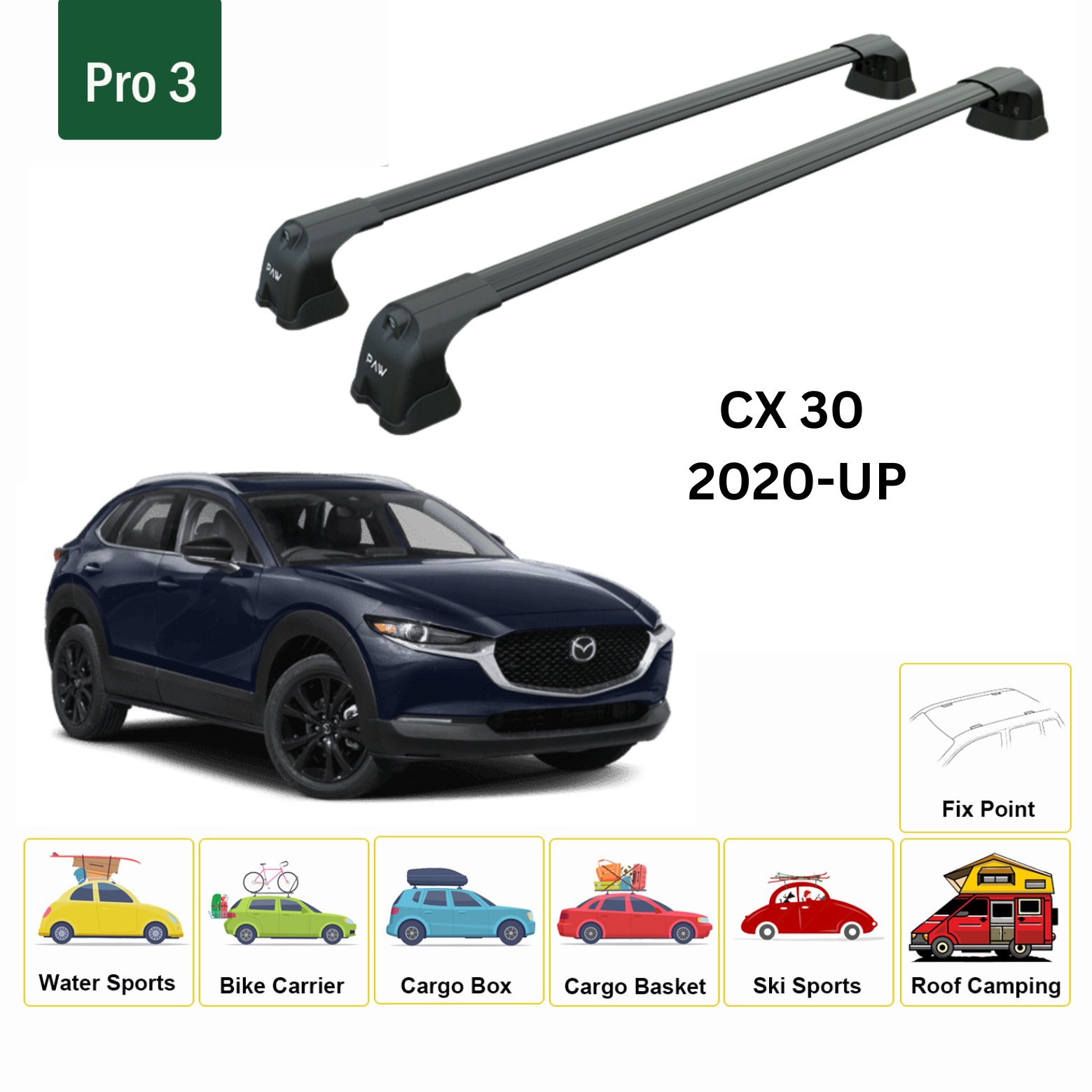 For Mazda CX 30 S 2020-Up Roof Rack Cross Bars Fix Point Alu Black