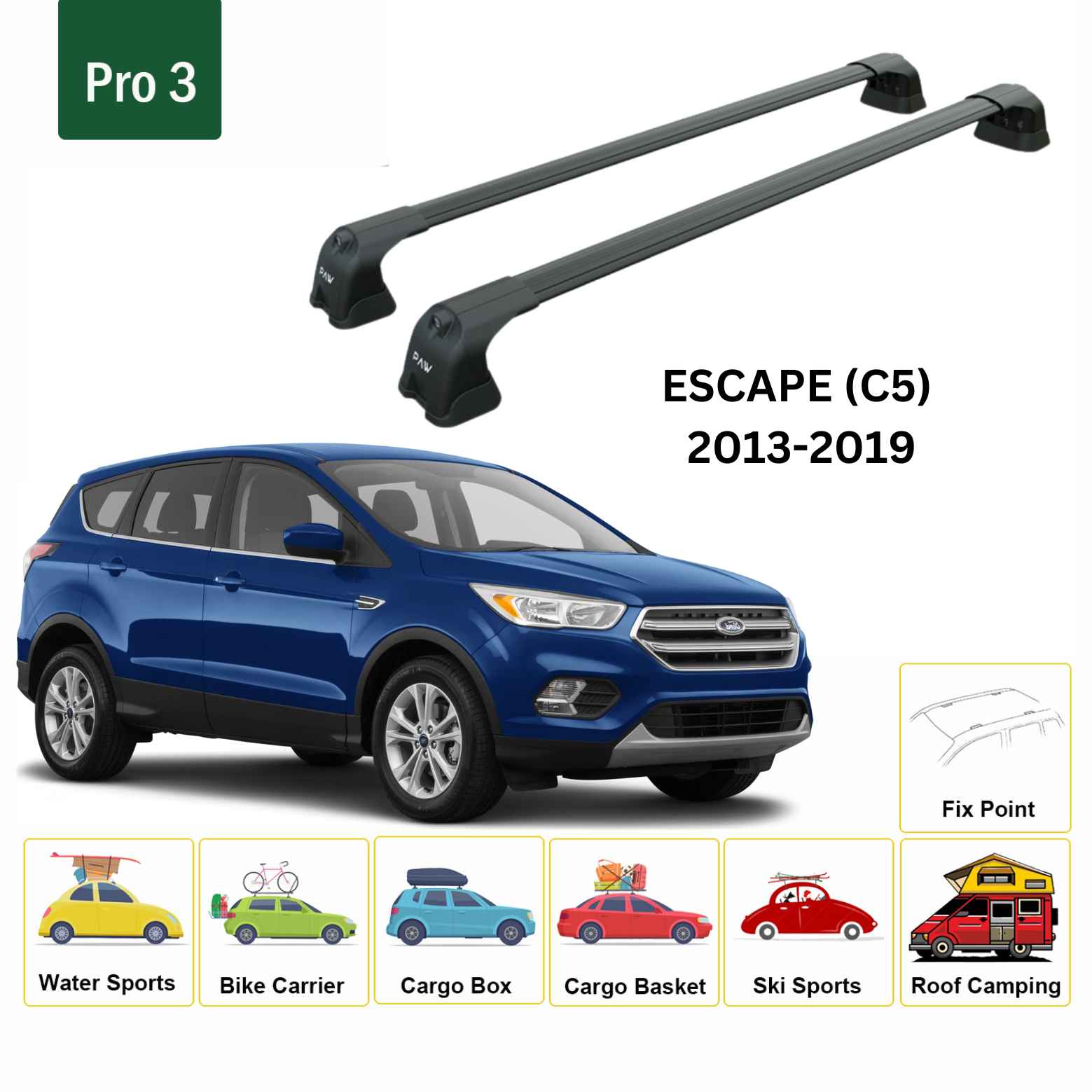 For Ford Escape (C5) 2013-19 Roof Rack Cross Bars Fix Point Alu Black
