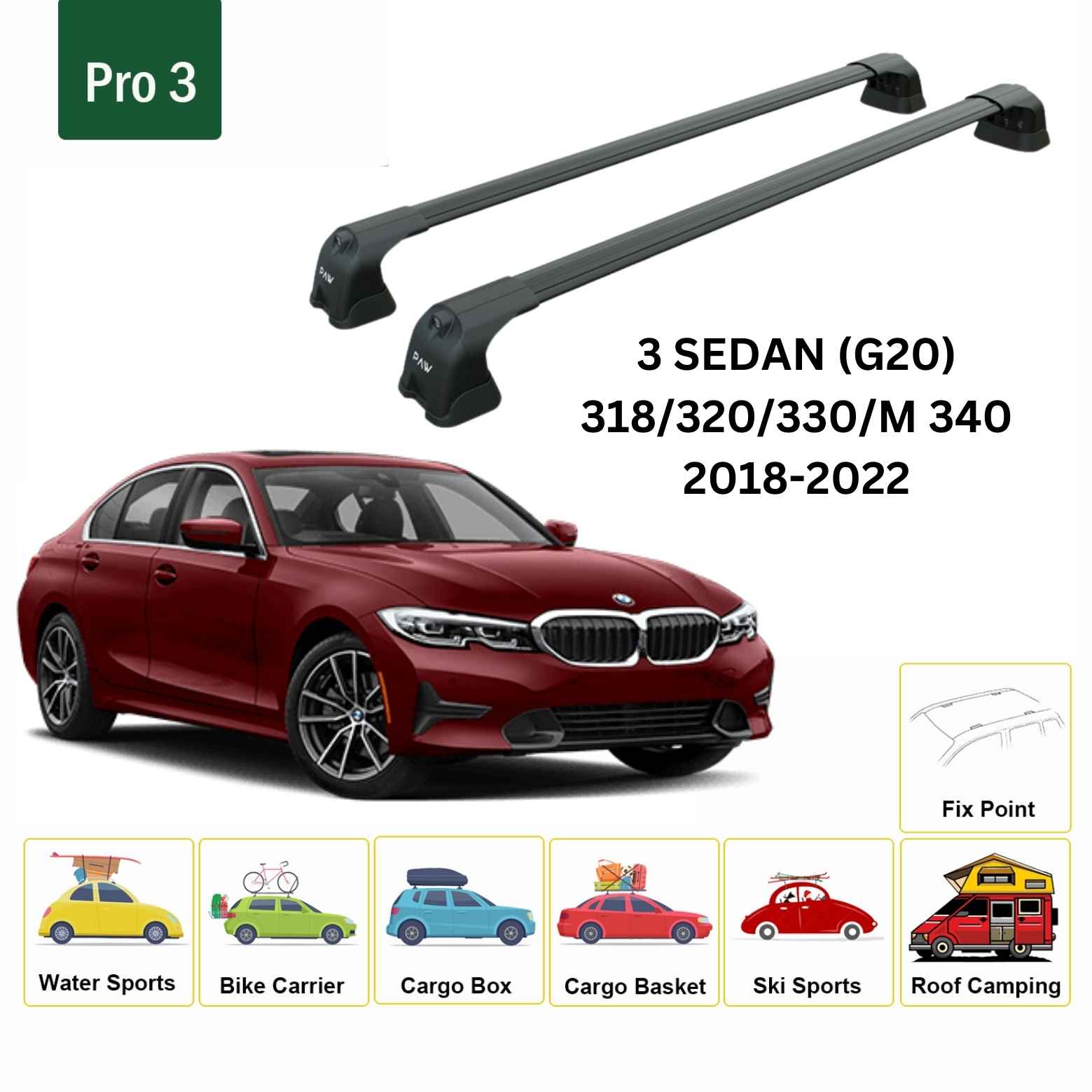 For BMW 3 Sedan (G20) 2018-22 Roof Rack Cross Bars Fix Point Alu Black - 0