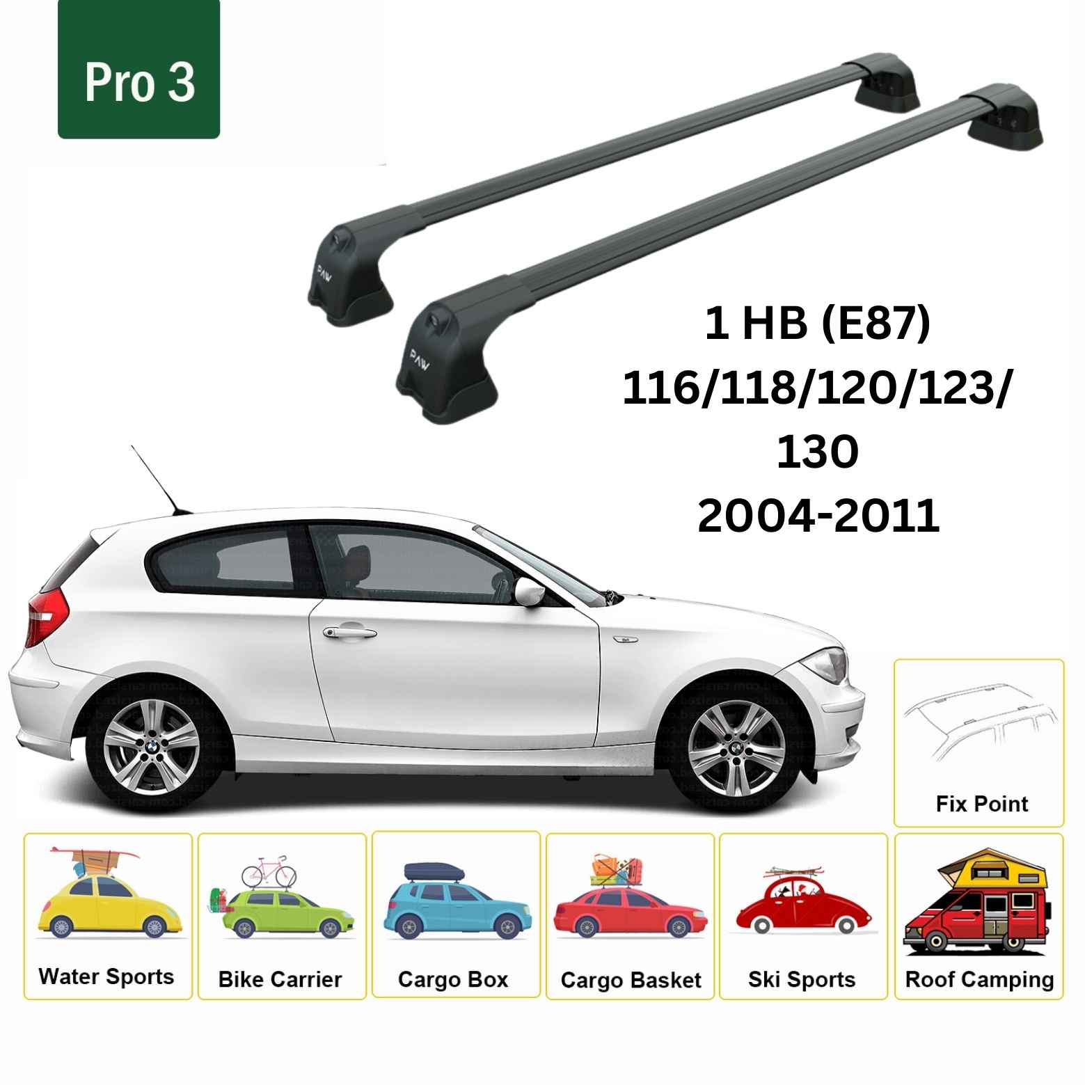 For BMW 1 (E87) 2004-11 Roof Rack Cross Bars Fix Point Alu Black-2