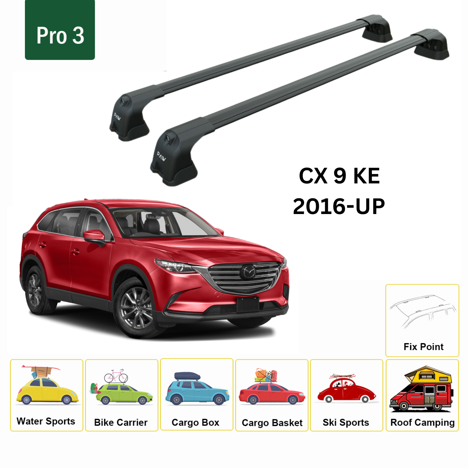 For Mazda CX-9 TC 2016-Up Roof Rack Cross Bars Metal Bracket Flush Rail Alu Black - 0