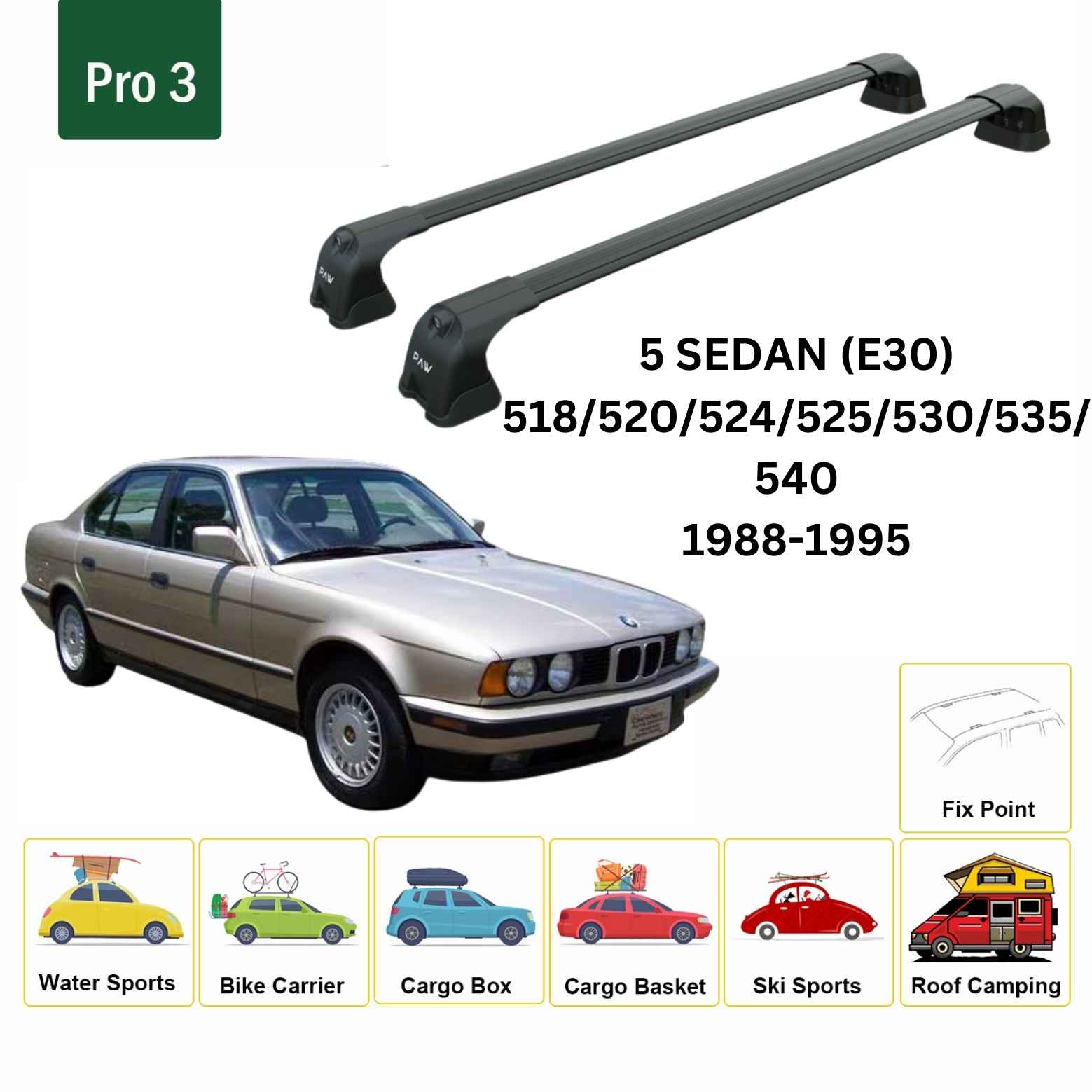 For BMW 5 Sedan (E30) 1988-95 Roof Rack Cross Bars Fix Point Alu Black - 0