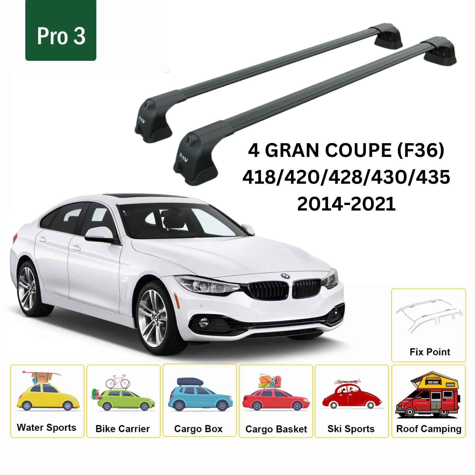 For BMW 4 Gran Coupe (F36) 2014-21 Roof Rack Cross Bars Fix Point Alu Black-2