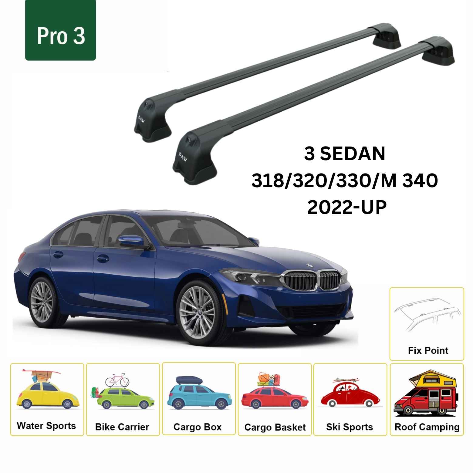 For BMW 3 Sedan 2022-Up Roof Rack Cross Bars Fix Point Alu Black - 0