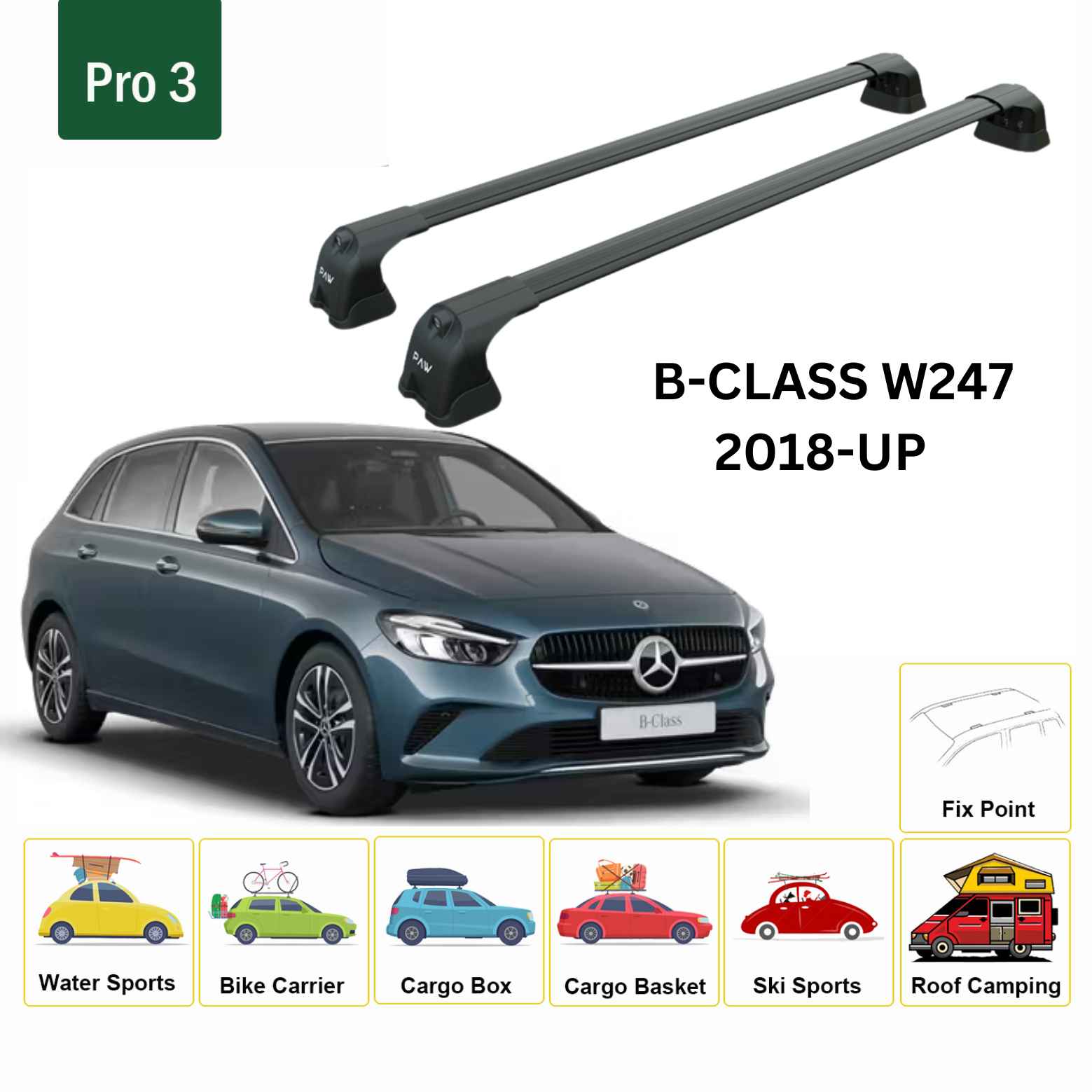 For Mercedes Benz B W247 2018-Up Roof Rack Cross Bars Fix Point Alu Black