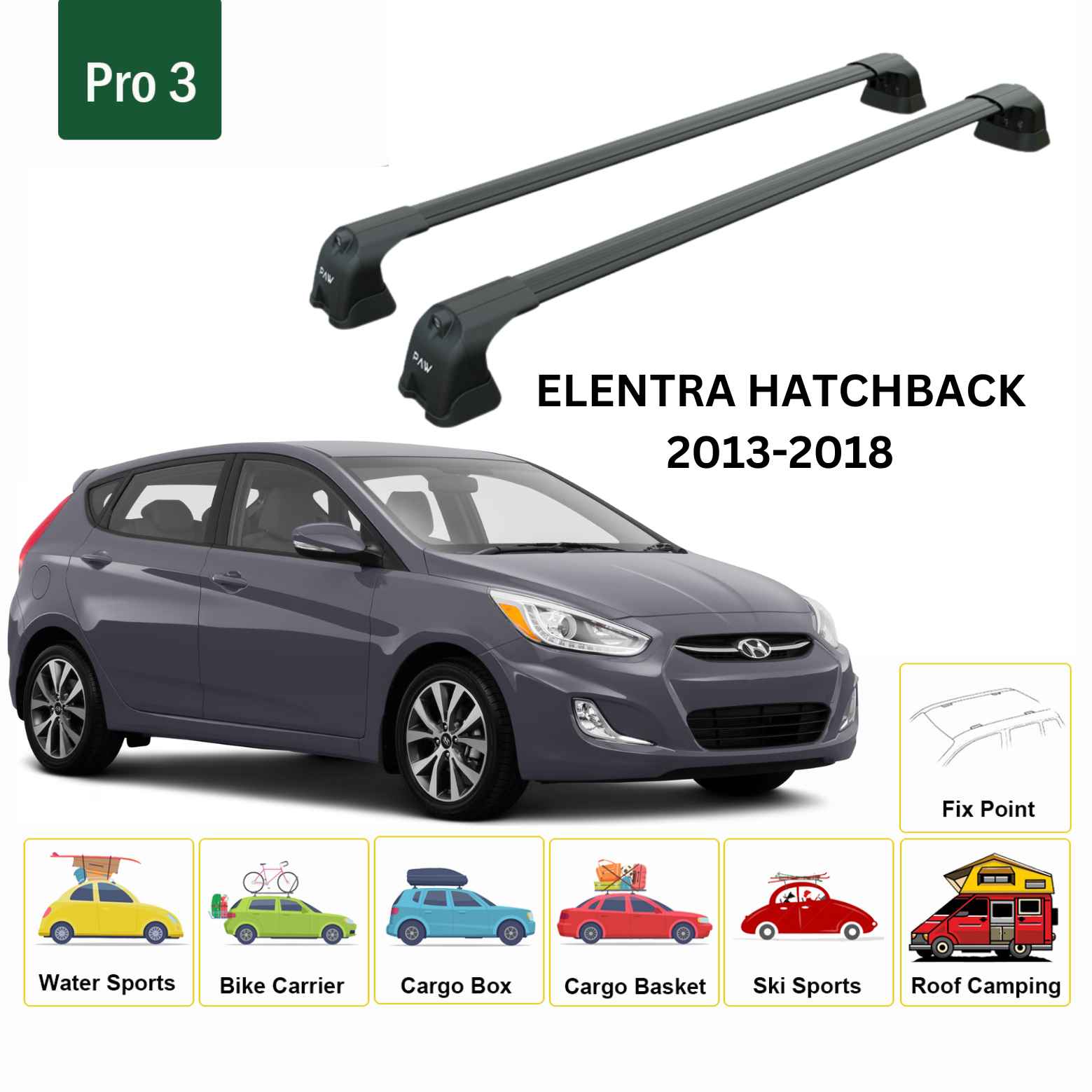 For Hyundai Elantra HB 2013-18 Roof Rack Cross Bars Fix Point Alu Black - 0