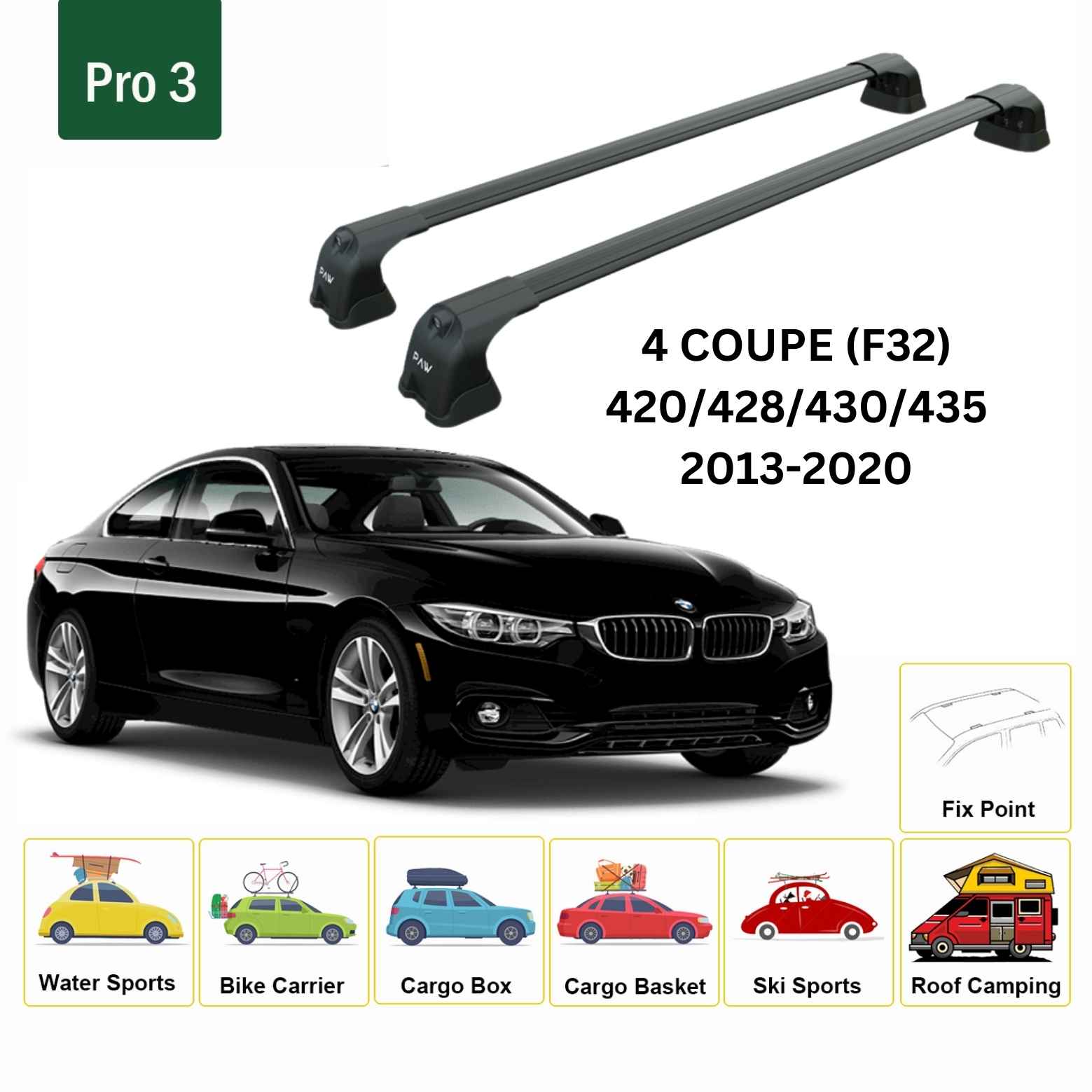For BMW 4 Coupe (F32) 2013-20 Roof Rack Cross Bars Fix Point Alu Black